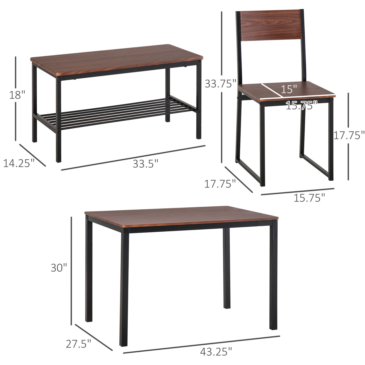 Rustic Brown 4 Piece Dining Table Set with Bench