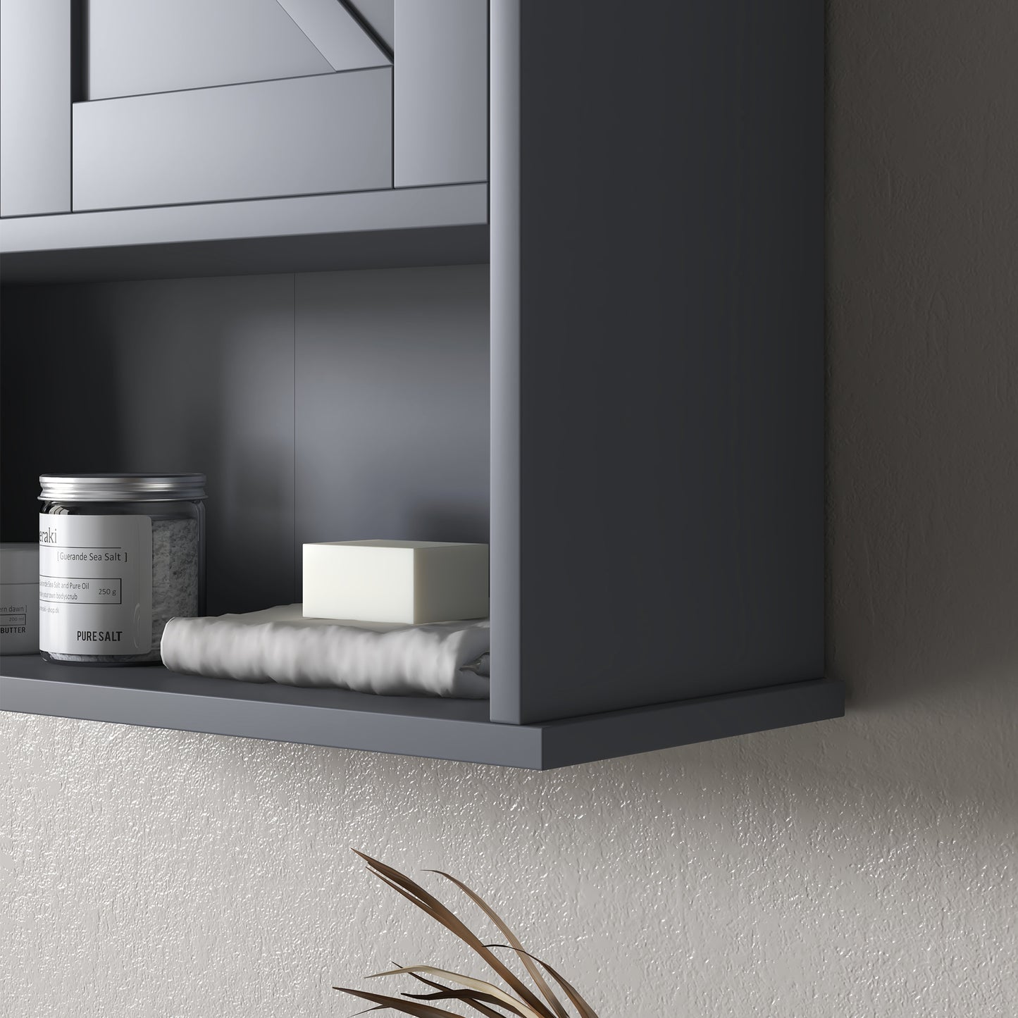 Gray Farmhouse Bathroom Wall Cabinet - Storage & Open Shelf for Living Room