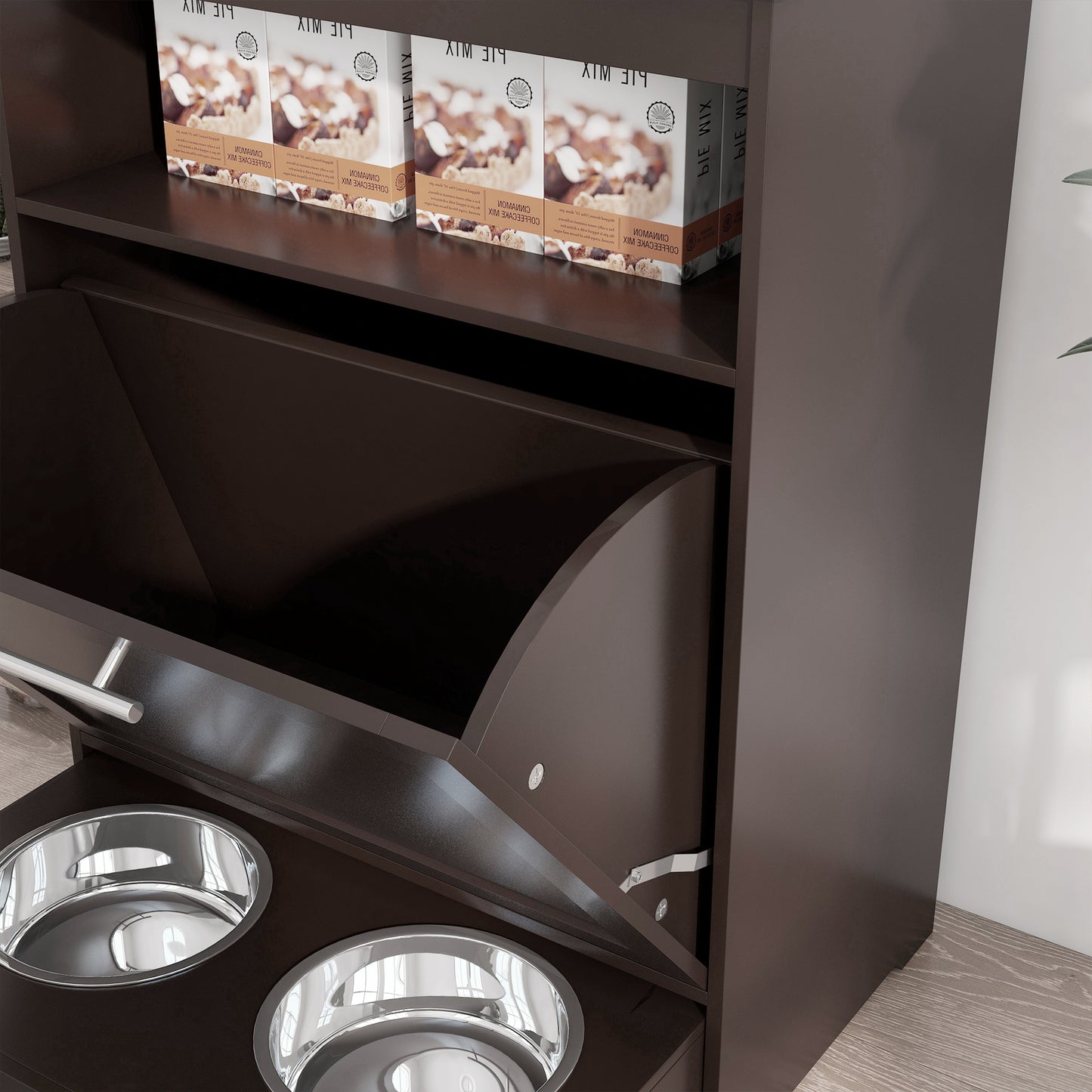 PawHut Pet Feeder Station - Brown Storage Cabinet with Bowls