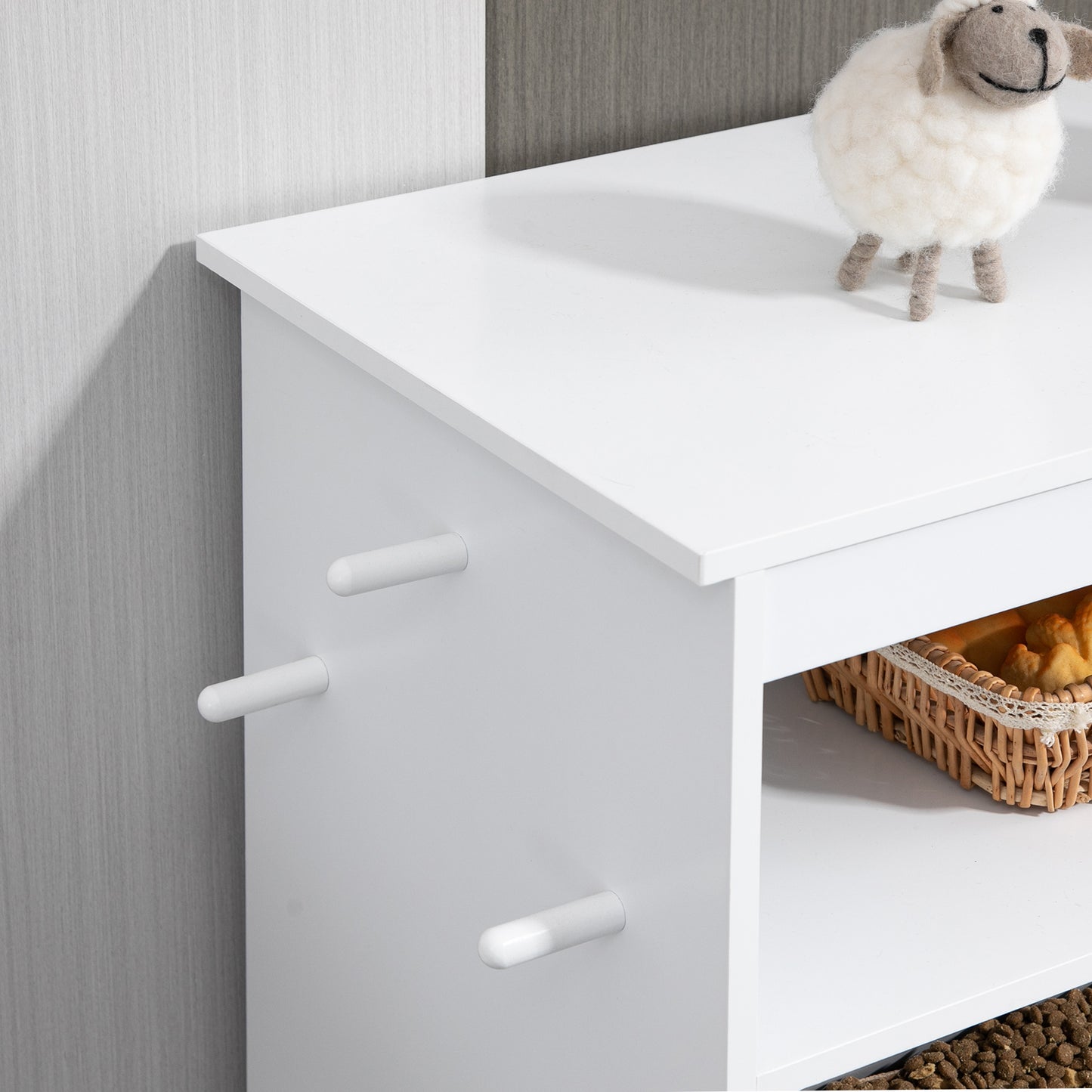 White MDF Pet Feeder Station Cabinet - Storage & Feeding