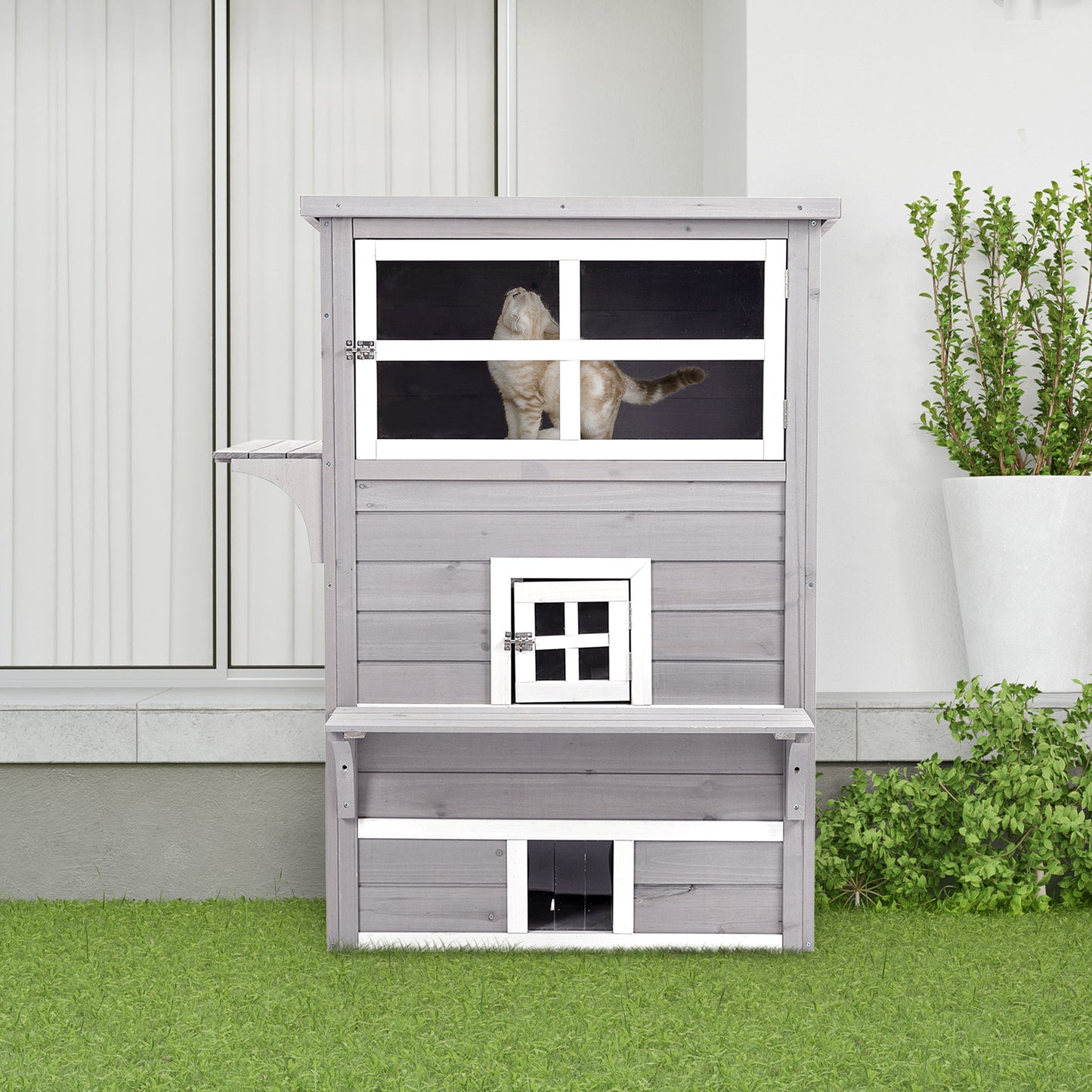 PawHut 3-Story Cat House - Outdoor Kitten Condo with Escape Doors