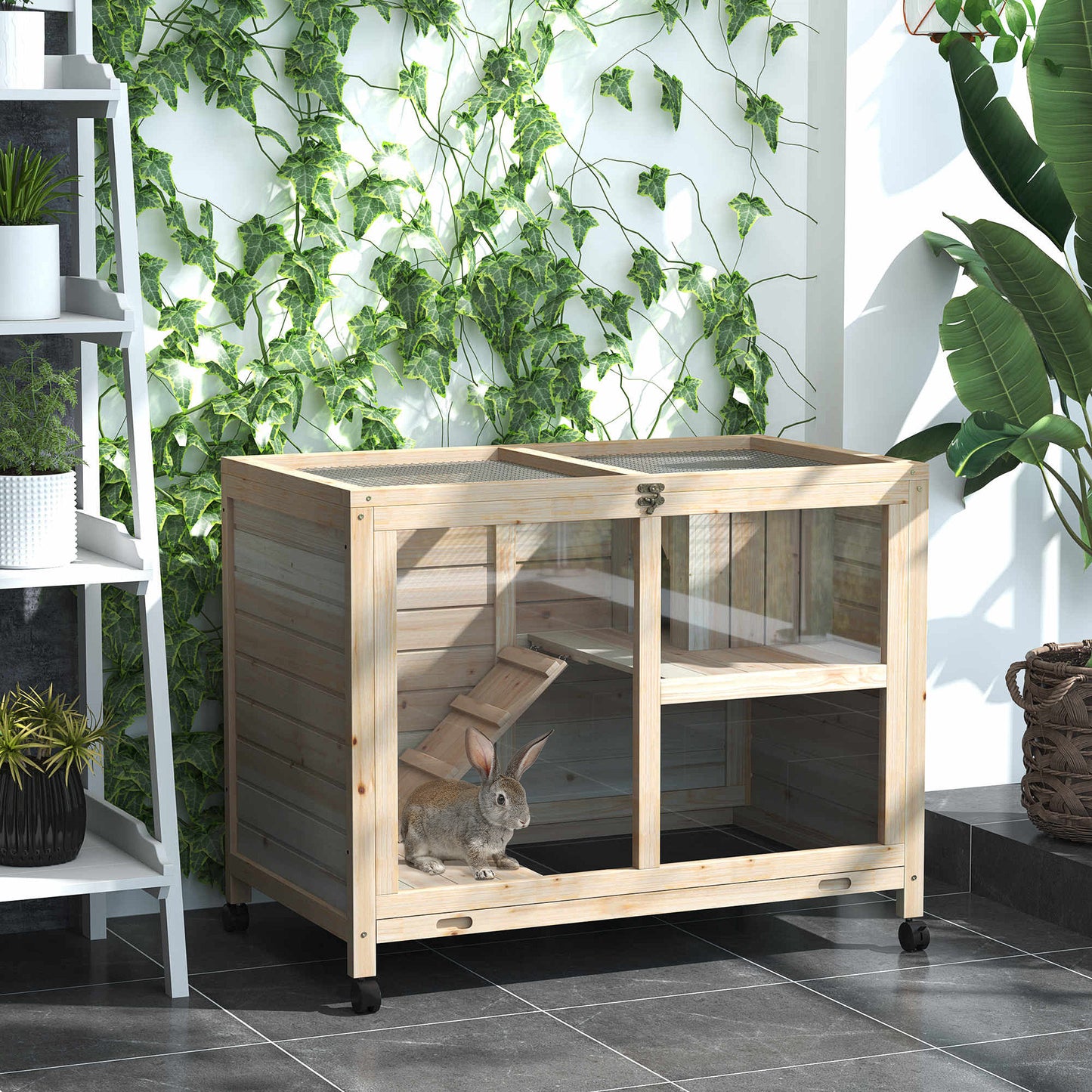 Natural Wood Rolling Rabbit Hutch for Indoor Pet Storage