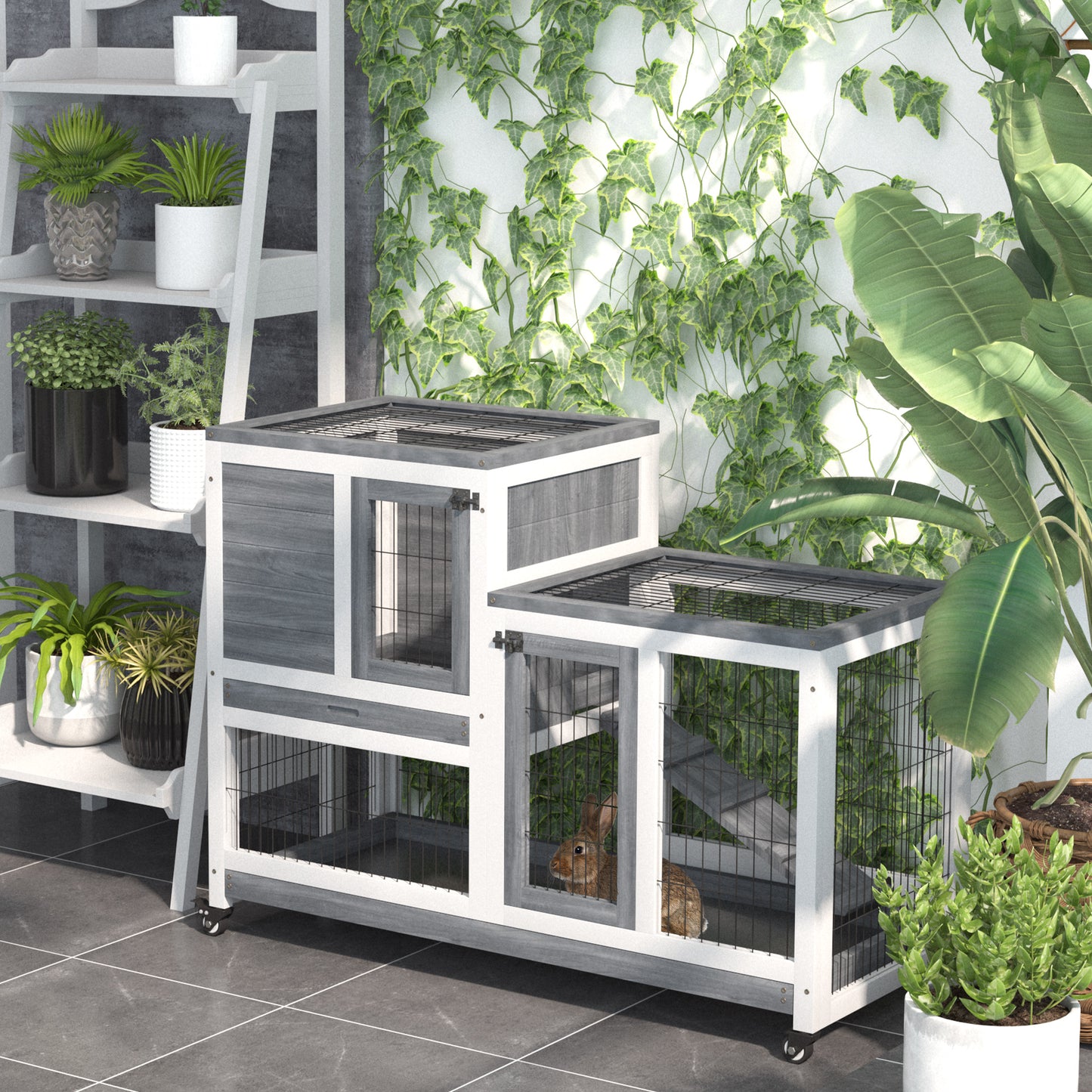 Grey White Wooden Rabbit Cage - 43" Elevated Bunny House with Wheels
