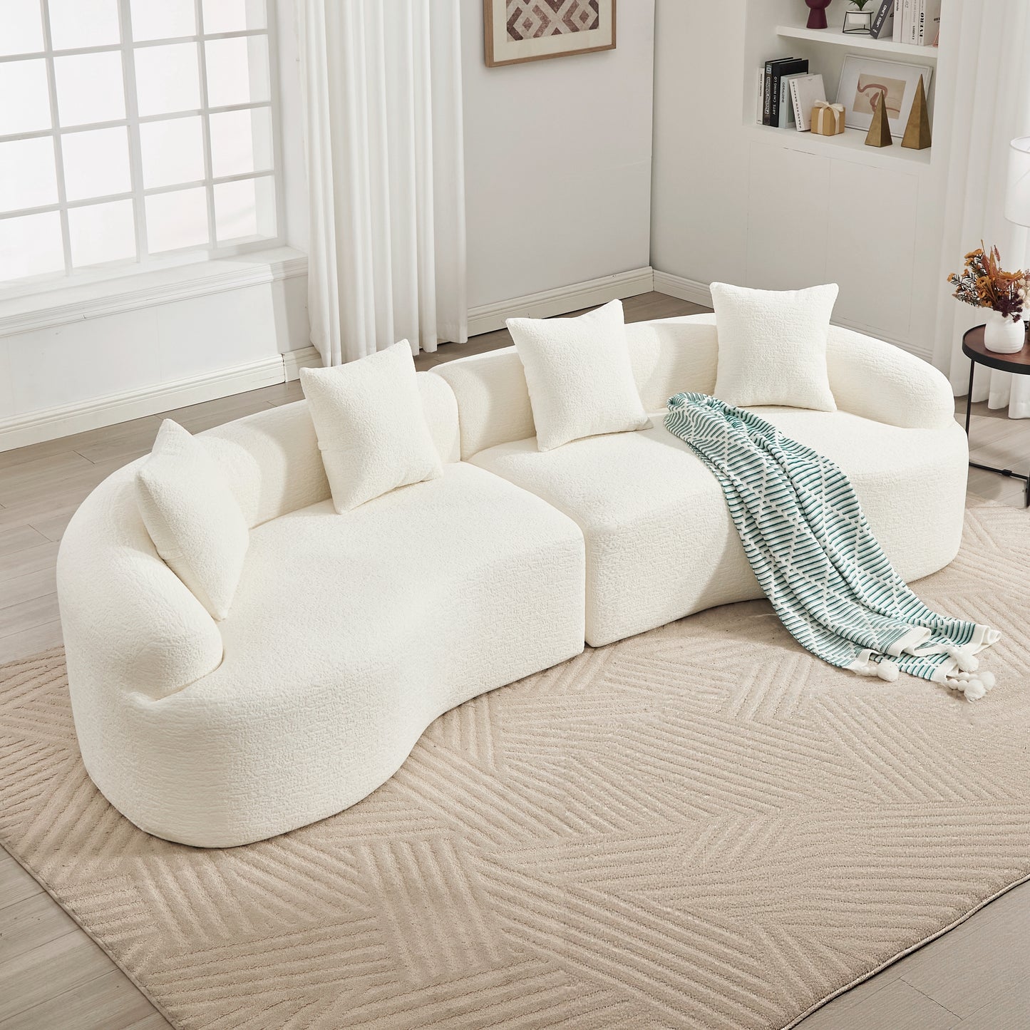 Curved Boneless Sofa,Compression Modular 110'' Sectional,White High-Density,Couches Sleeper for Living Room Bedroom Apartment Lounge,Chenille