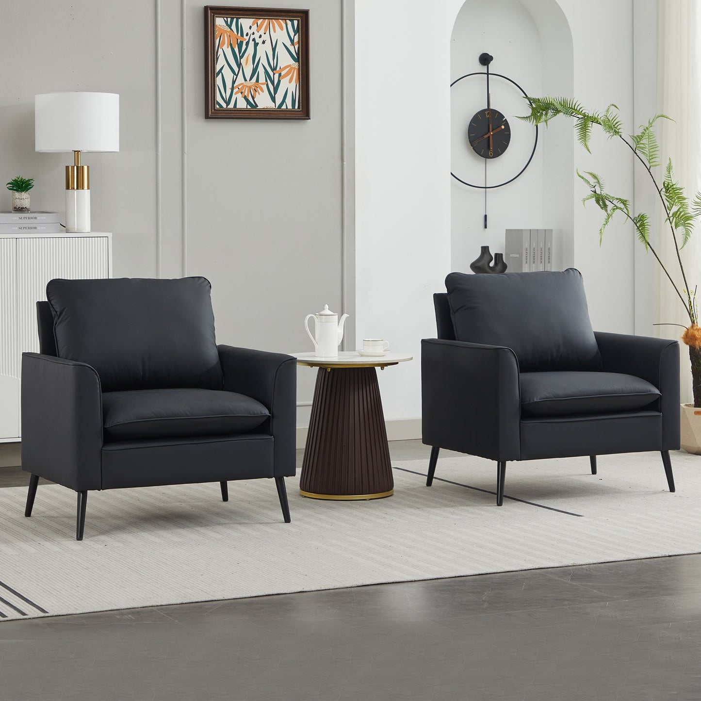 TS Cat paw leather upholstered sofa 2PC black,Nordic retro light luxury living room balcony bedroom single casual sofa chair