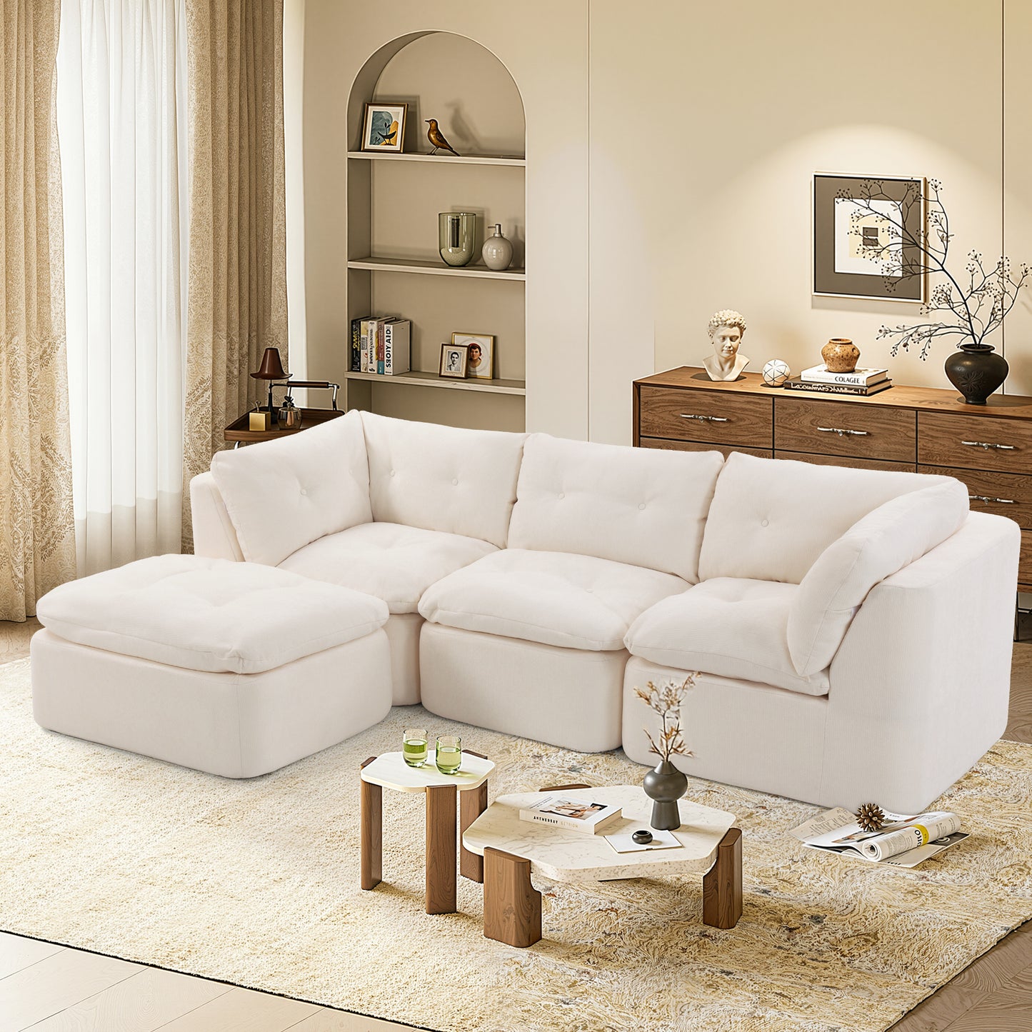 Modern Cloud-style Living Room Sofa, Deep Seat Convertible L-shaped Frame-free Sofa (with Ottoman), Oversized Comfortable 4-seater Chenille Fabric Compressed Sofa, Modular Sectional Sofa