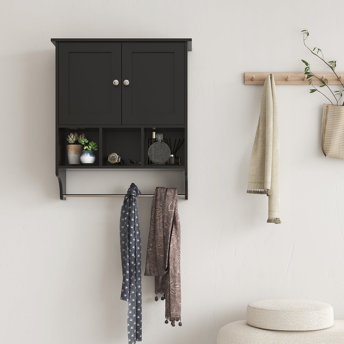 Medicine Cabinets, Space Saving Wall Cabinet with 2 Doors and Adjustable Towel Rack Shelves, Storage Cabinet for Toilet, Bathroom, Living Room, Kitchen (Black)