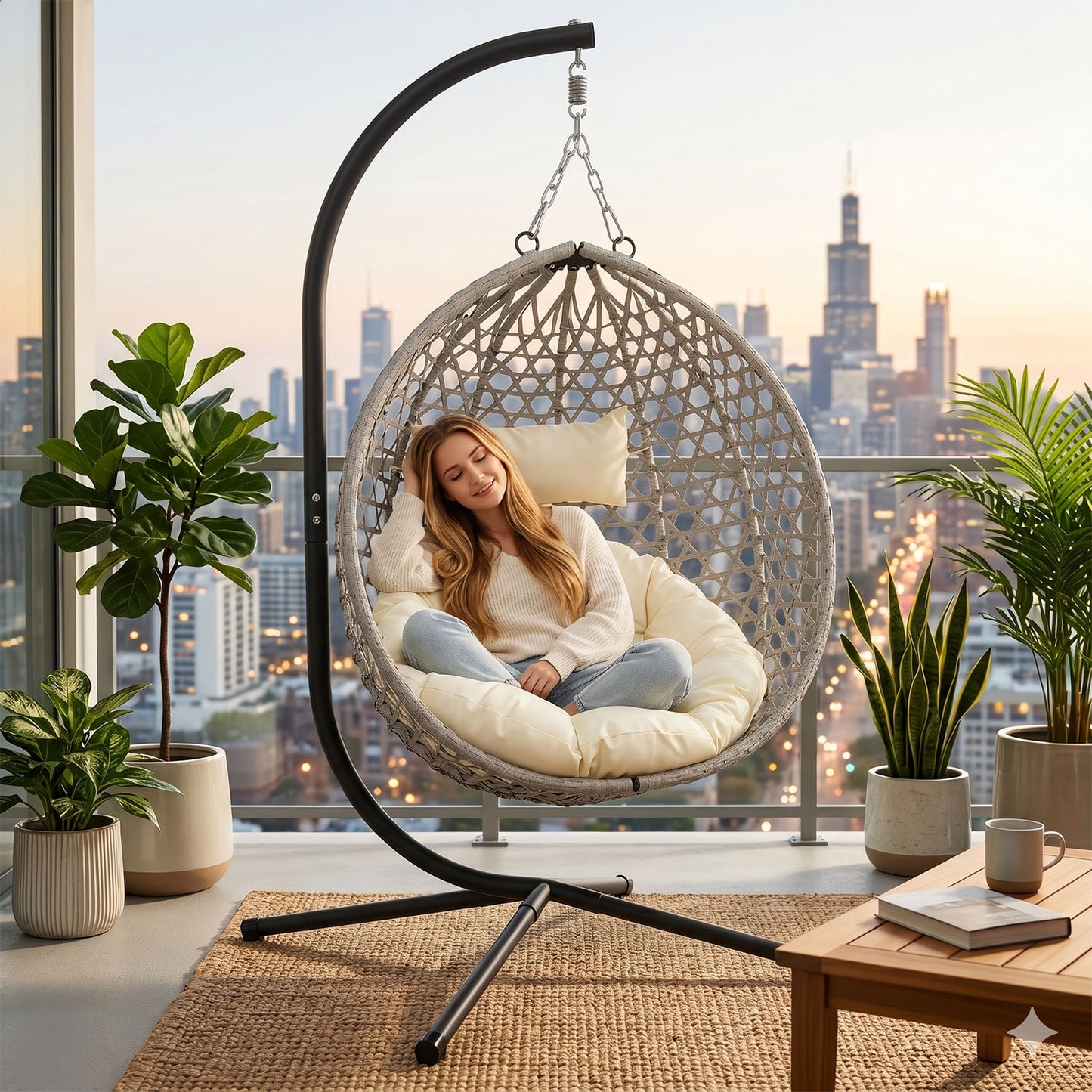 Folding PE Rattan Hanging Egg Chair with Stand, Gray Indoor Outdoor Hammock Swing Basket Chair, Aluminum Steel Frame for Patio Balcony Backyard Bedroom