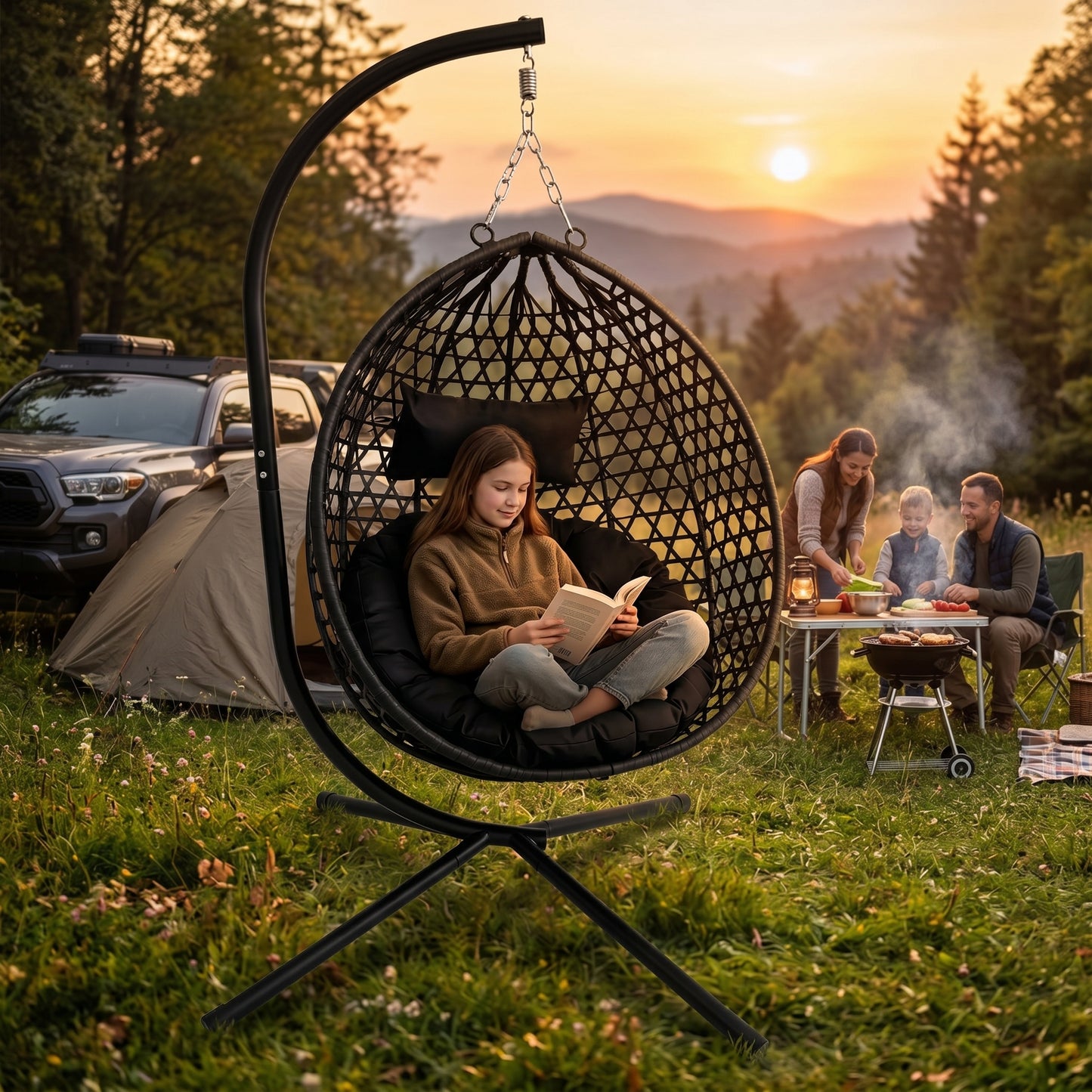Foldable Hanging Egg Chair with Stand, HDPE Rattan Wicker Swing Chair with Cushion, Heavy Duty Frame 350 Lbs Capacity, Outdoor Patio Indoor Bedroom Balcony, Black+ Black