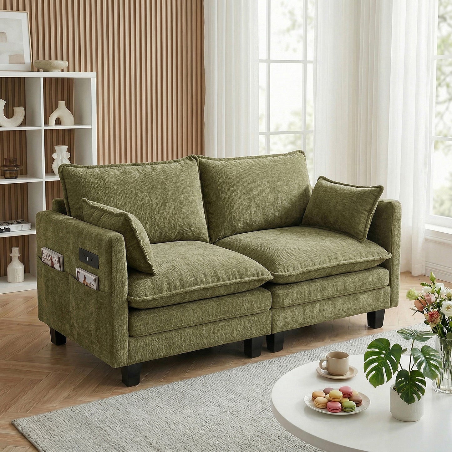 Modern Green Chenille Loveseat Sofa, 2-Seat Compact Couch with Dual USB Charging Ports and Side Pockets, Small Space Settee for Bedroom, Office, Apartment.