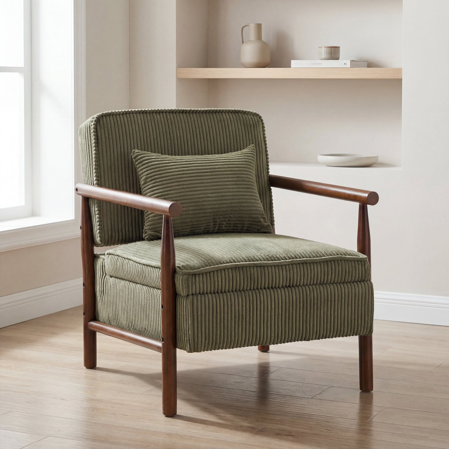 Storage Chair,Mid Century Modern Accent Chair with Wood Frame, Upholstered Living Room Chairs with Waist Cushion, Reading Armchair for Bedroom Sunroom