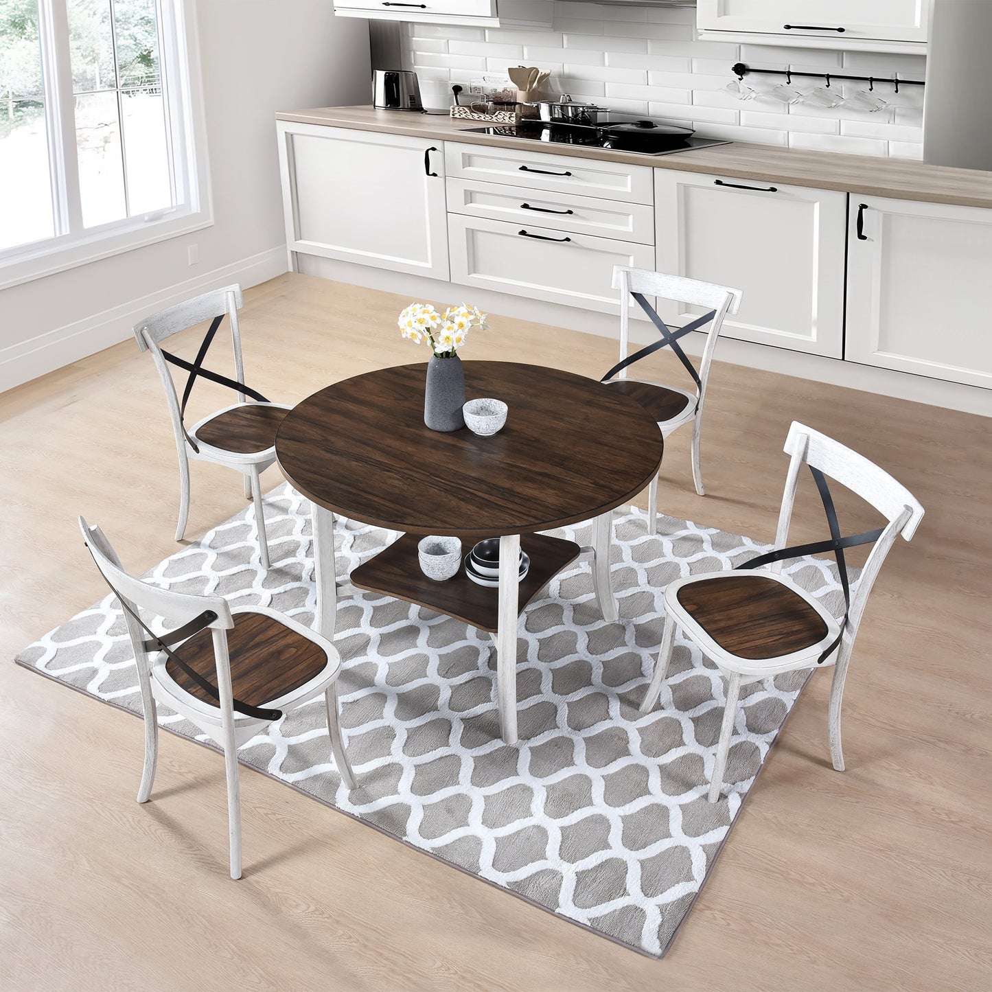 Dining Room Round Dining Set - 5 Piece Walnut & Antique White Table with Chairs,