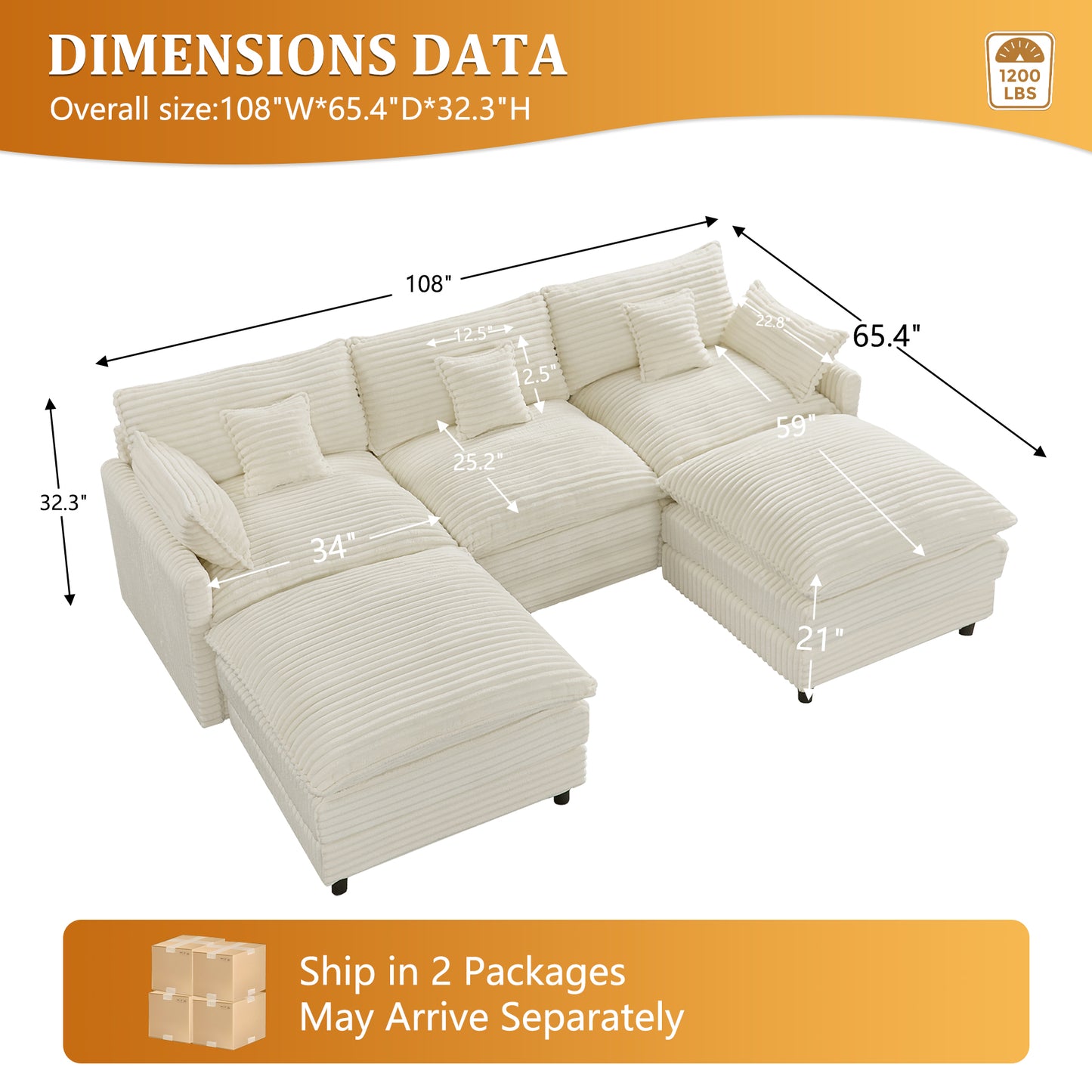 7-Piece Corduroy Sofa Set with Console & USB Ports, Beige