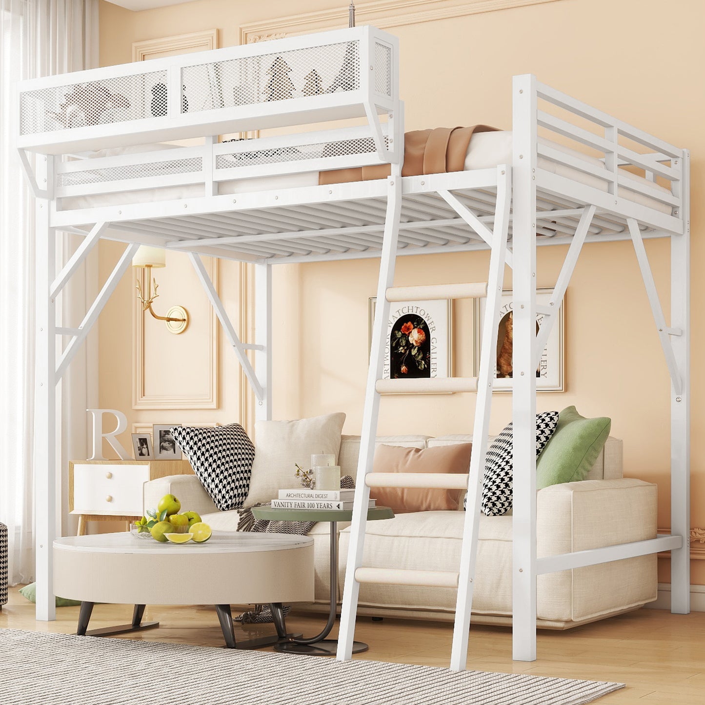 Queen Size Loft Bed with Ladder, Metal Queen Loft Bed with Storage Shelves, High Loft Bed for Kids Teens, White(Expect Arrival Date 2025/12/3 Old SKU W2580P351278)