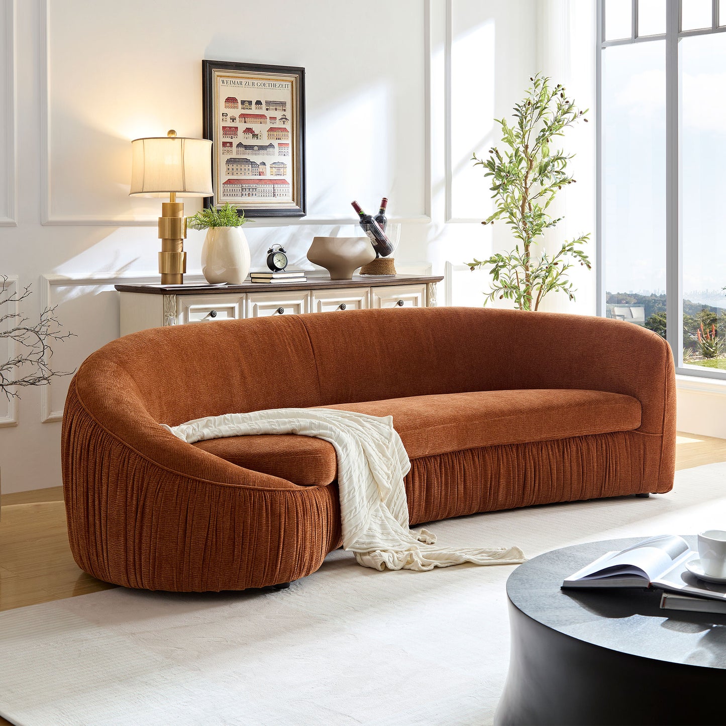 Orange Curved 4 Seat Sofa with Spring Cushions for Living Room