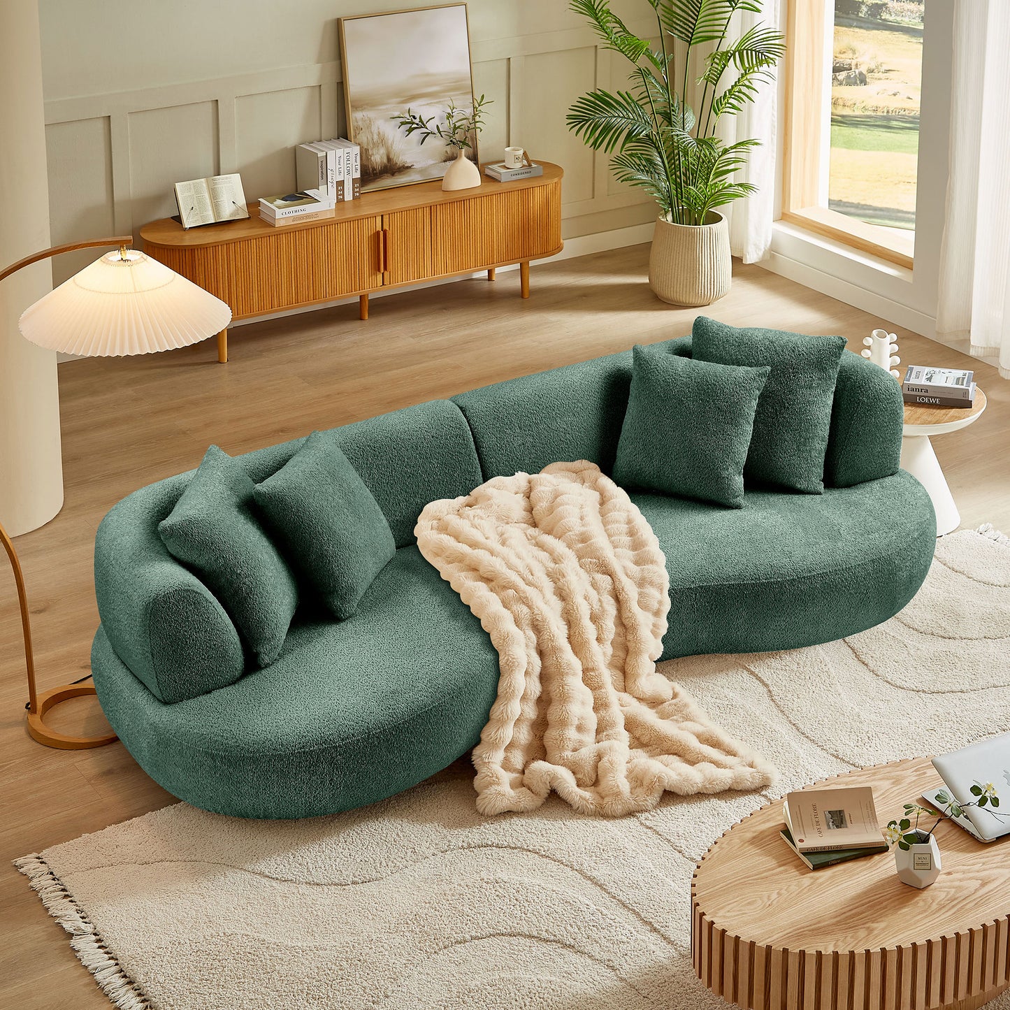 102.36 inch Mid Century Modern Sectional Curved Sofa Couch, Comfy Sofa for Living Room,Upholstered 4-Seat Sofa Boucle Fabric Cream Style Couch for Apartment,Green