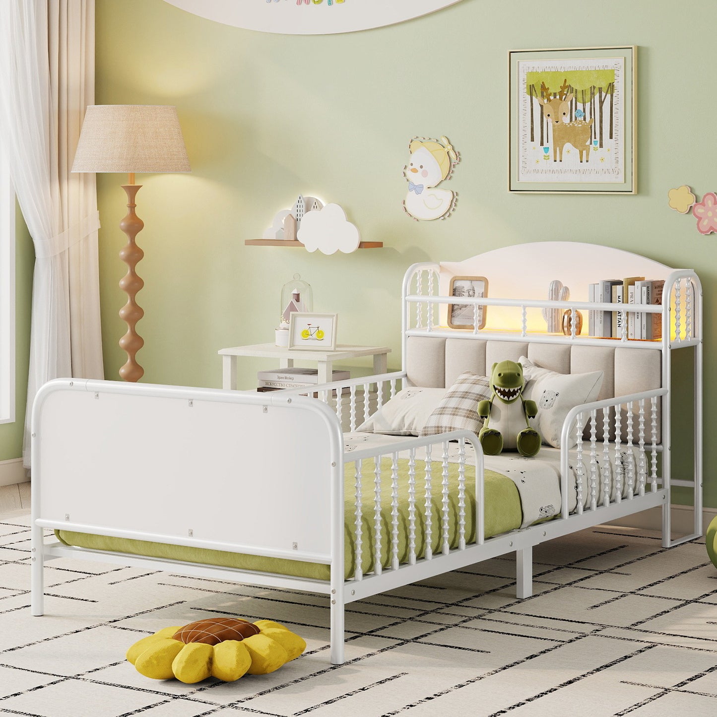 Twin Size Metal Platform Bed Frame with Light, Kids Twin Metal Bed with Upholstered and Storage Headboard, White (Expect Arrival Date 2025/10/5)