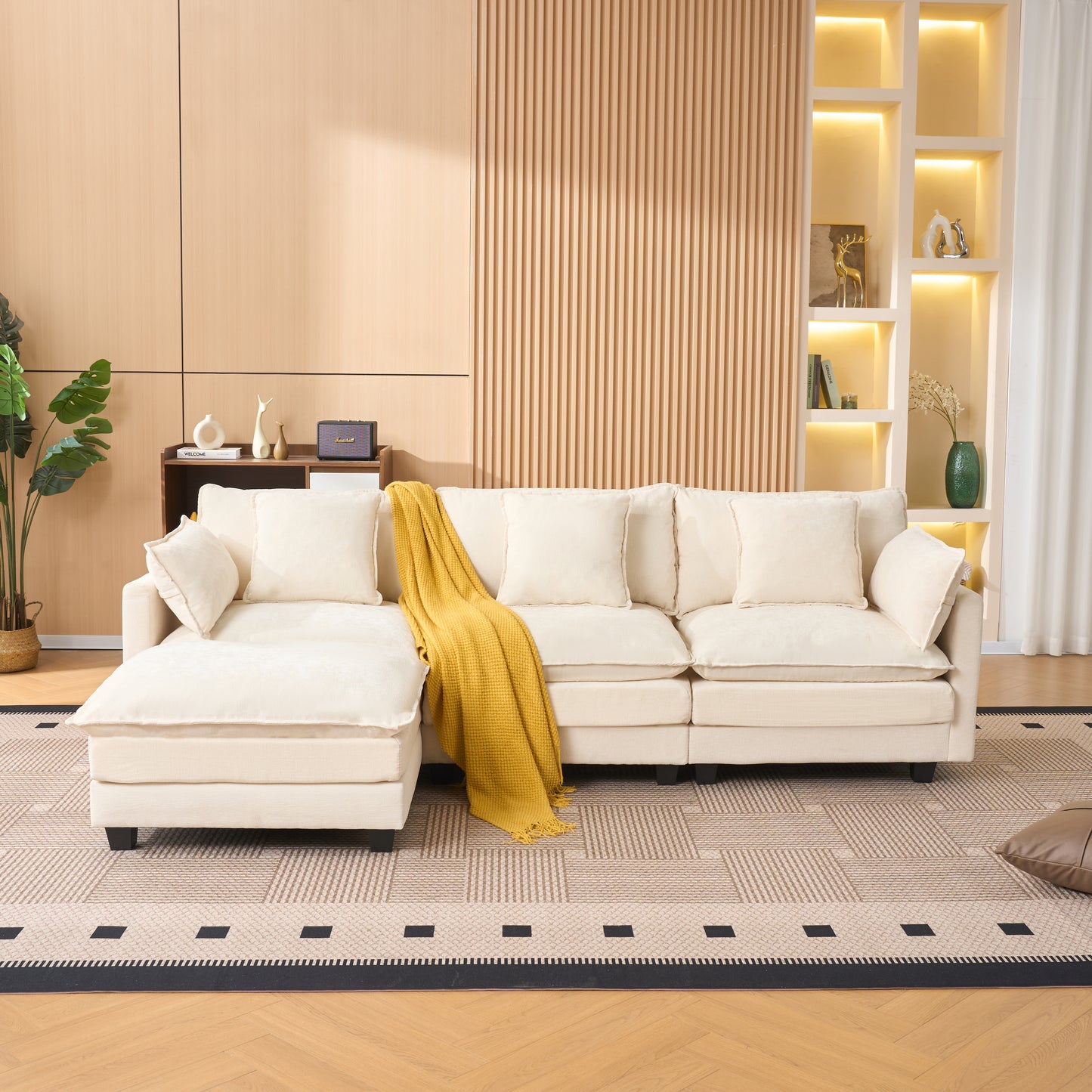 Beige color 3-seat combo sofa with storage ottoman for living room apartment bedroom and compact room, Upholstered sectional Couch, L Shaped Bench with a footrest