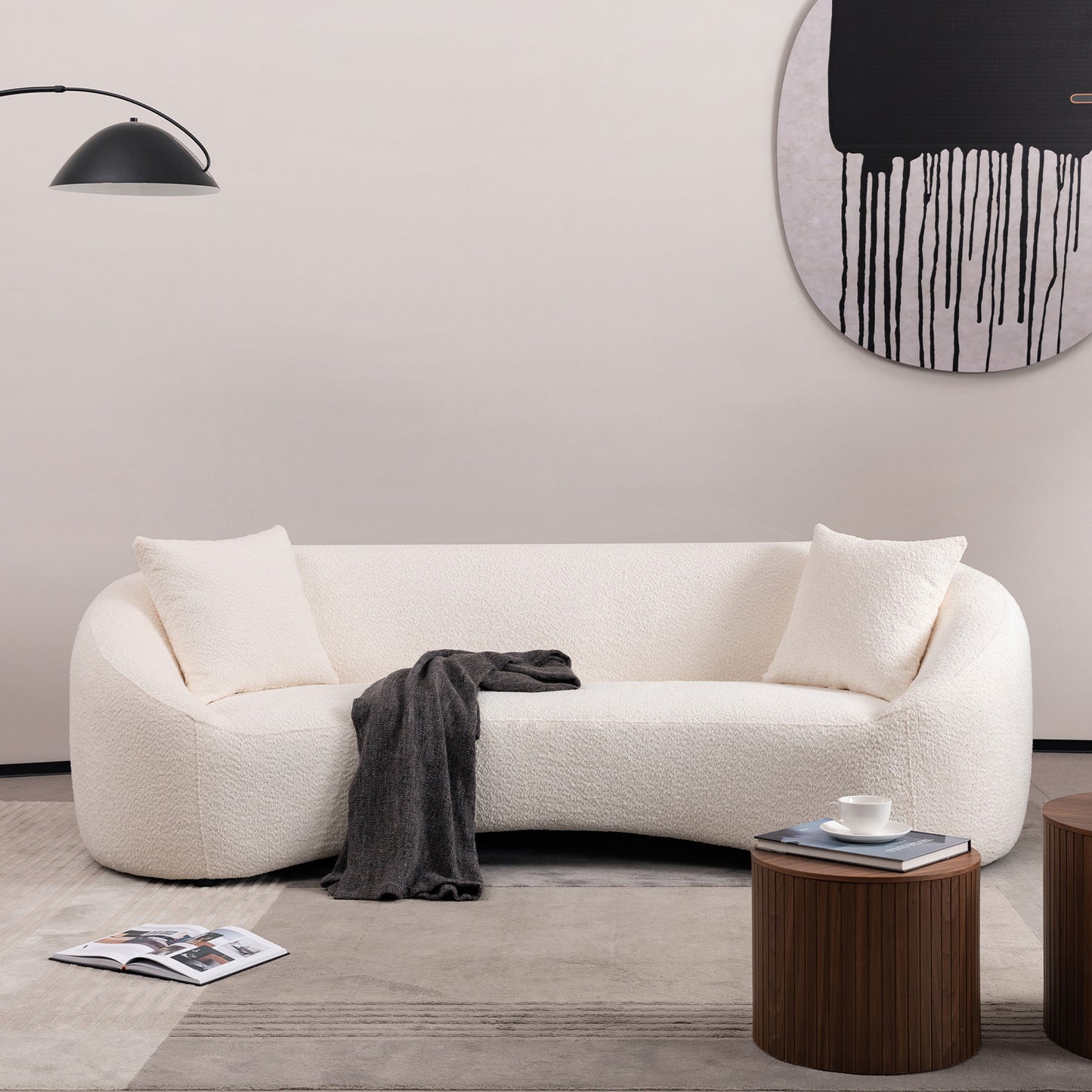93.31" Minimalist Curved Sofa, 3 Seater, White Boucle Fleece Upholstered Sofa, Tight Curved Back Cloud Couch for Living Room Apartment Office, White