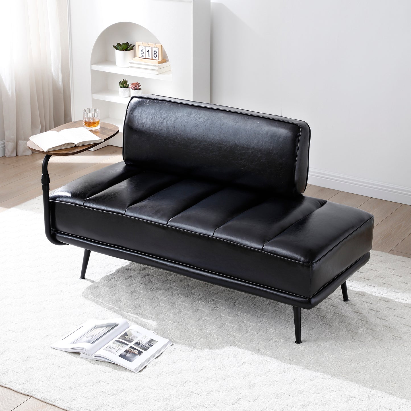 55"Inch Width Modern End of Bed Bench,Black Faux Leather Upholstered With side table, 360-degree Swivel tray couch,Entryway Ottoman,Window Bench with Metal Legs for Bedroom, Living Room