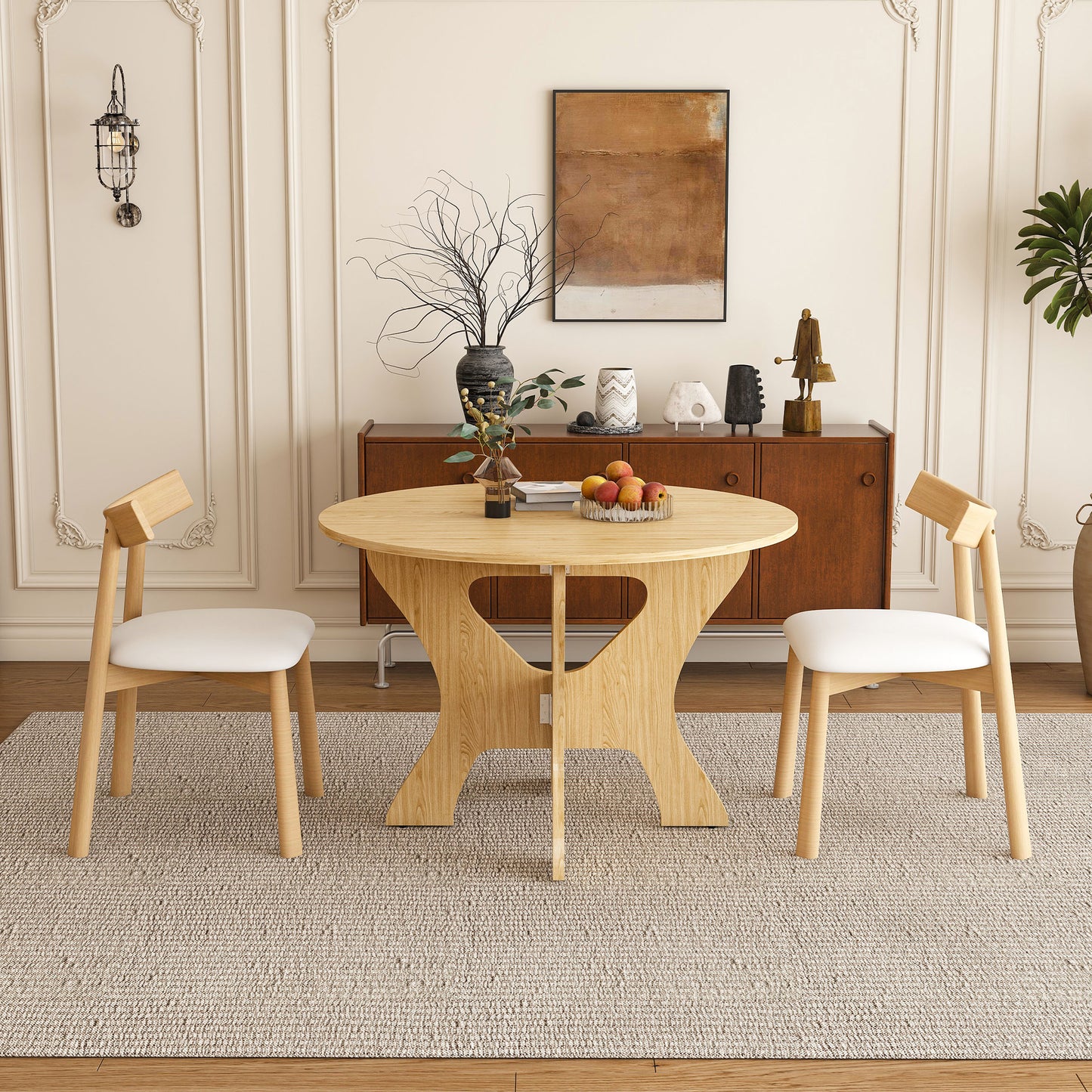 43 in Folding Dining Table Set with 2 Chairs, MDF Table with Wild Oak Veneer & Solid Wood PU Chairs, Space Saving Foldable Kitchen Set for Indoor and Outdoor Us