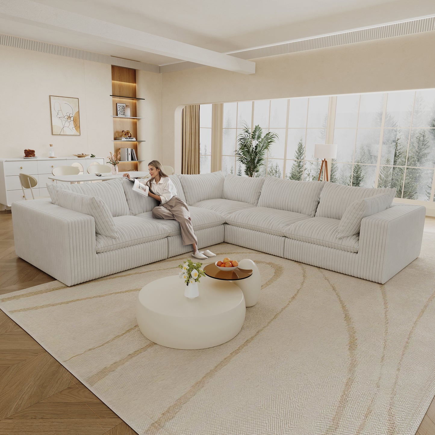118.2" Cloud Sofa,Corduroy Fabric,Deep Seat Couches,Double-layer design,Removable Cushion,No Assembly, DIY Combination for Living room, Bedroom,Conference room ,Apartment,WHITE