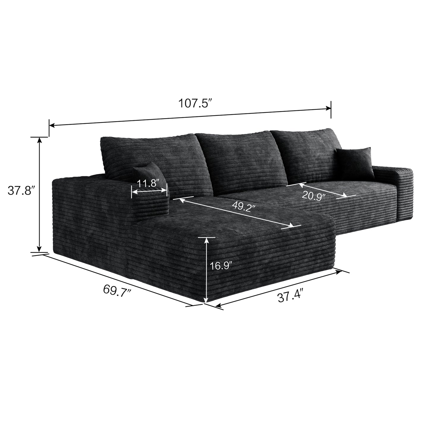 3 Seat Black Corduroy Sofa - Modern Sectional Couch