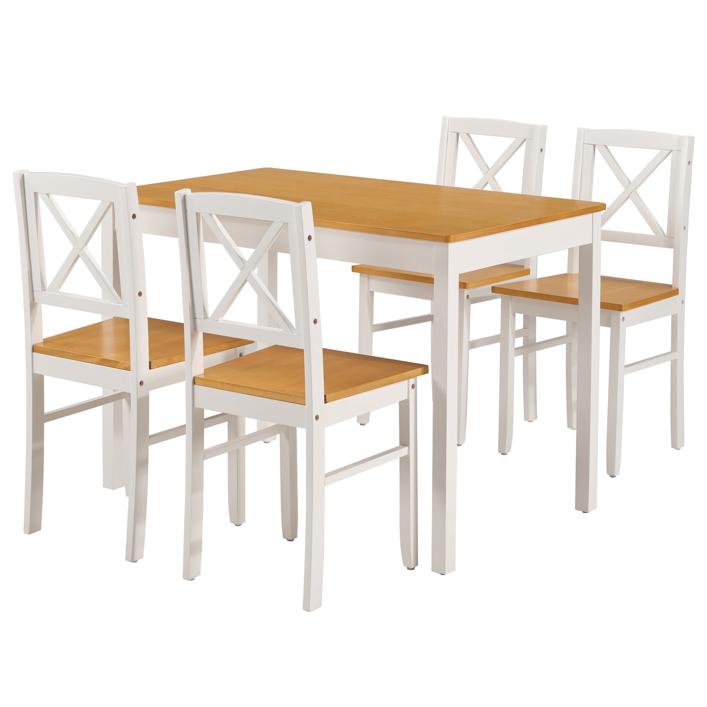 5-Piece Rubberwood Kitchen Dining Table Set with 4 Chairs, Natural White Space-Saving Table and Chair Set for Small Spaces, Apartment, Dining Room, Restaurant - Easy to Clean Smooth Solid Wood Surface