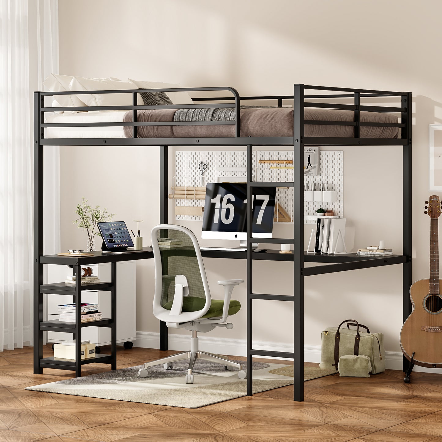 Full Size Loft Bed with Desk & Open Shelves, Heavy Duty Metal Bed Frame with Safety Guardrails & Ladder, Loft Beds with Vintage Wood Finish L-Shaped Desk, Black
