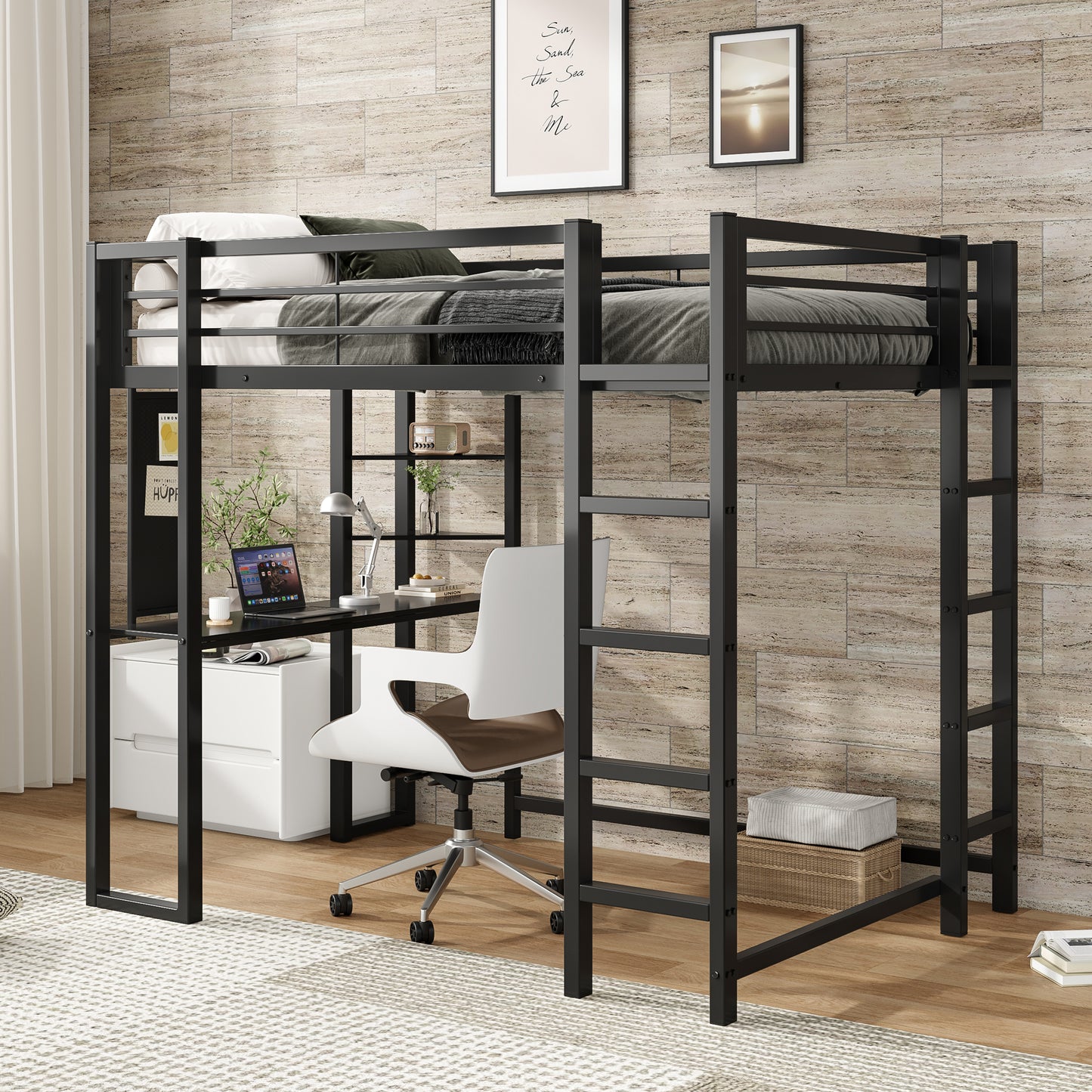 Loft Bed with Desk, Metal Loft Bed Full Size, Full Loft Bed Frame with Desk and Storage Compatible with Boys Girls Teens, Black Bedroom Bed Frame