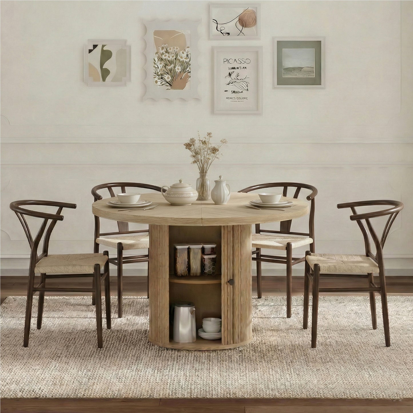 4-piece set of walnut color woven dining chairs, including a 47.2-inch round Roman column table with storage function, suitable for restaurants/wooden color