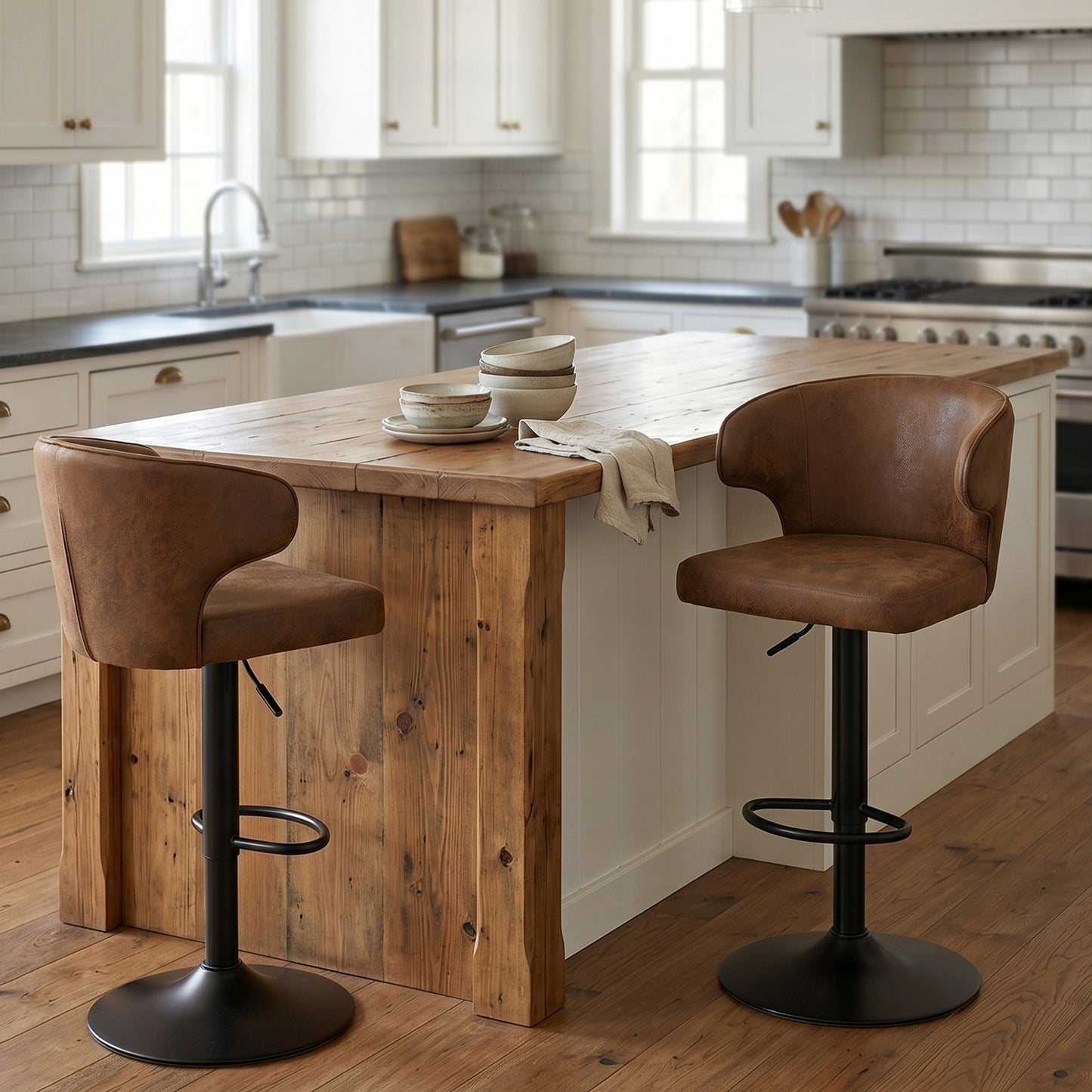Modern rotating adjustable bar chair, suede with backrest swivel chair, suitable for kitchen bar and dining room, height adjustable, load-bearing up to 300 pounds (brown -2 pieces)