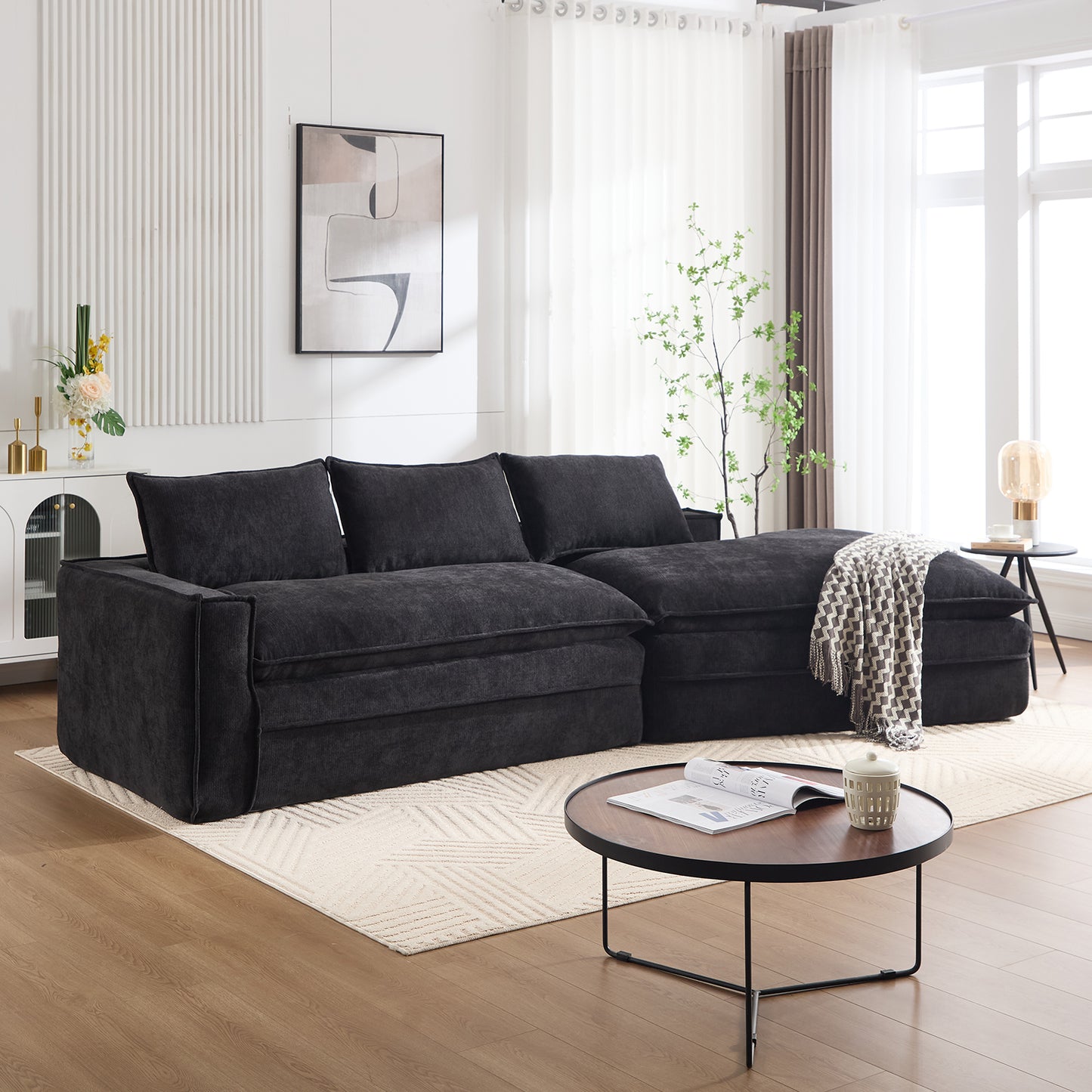 Modern Minimalist Modular Sectional Sofa, Upholstered Cloud Couch with Deep Seats, Right Facing Chaise for Living Room-Black
