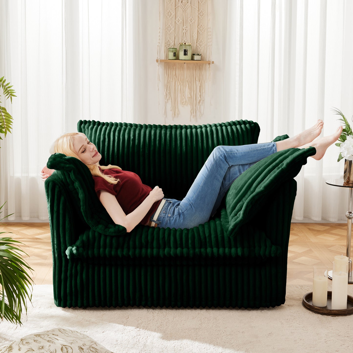 Slip-covered Armchair with 1 Big Back Cushion and 2 Big Toss Pillows, Single Deep Seat Comfy Single Couch Sofa Multiple Large Soft Pillows, Green Corduroy Fabric