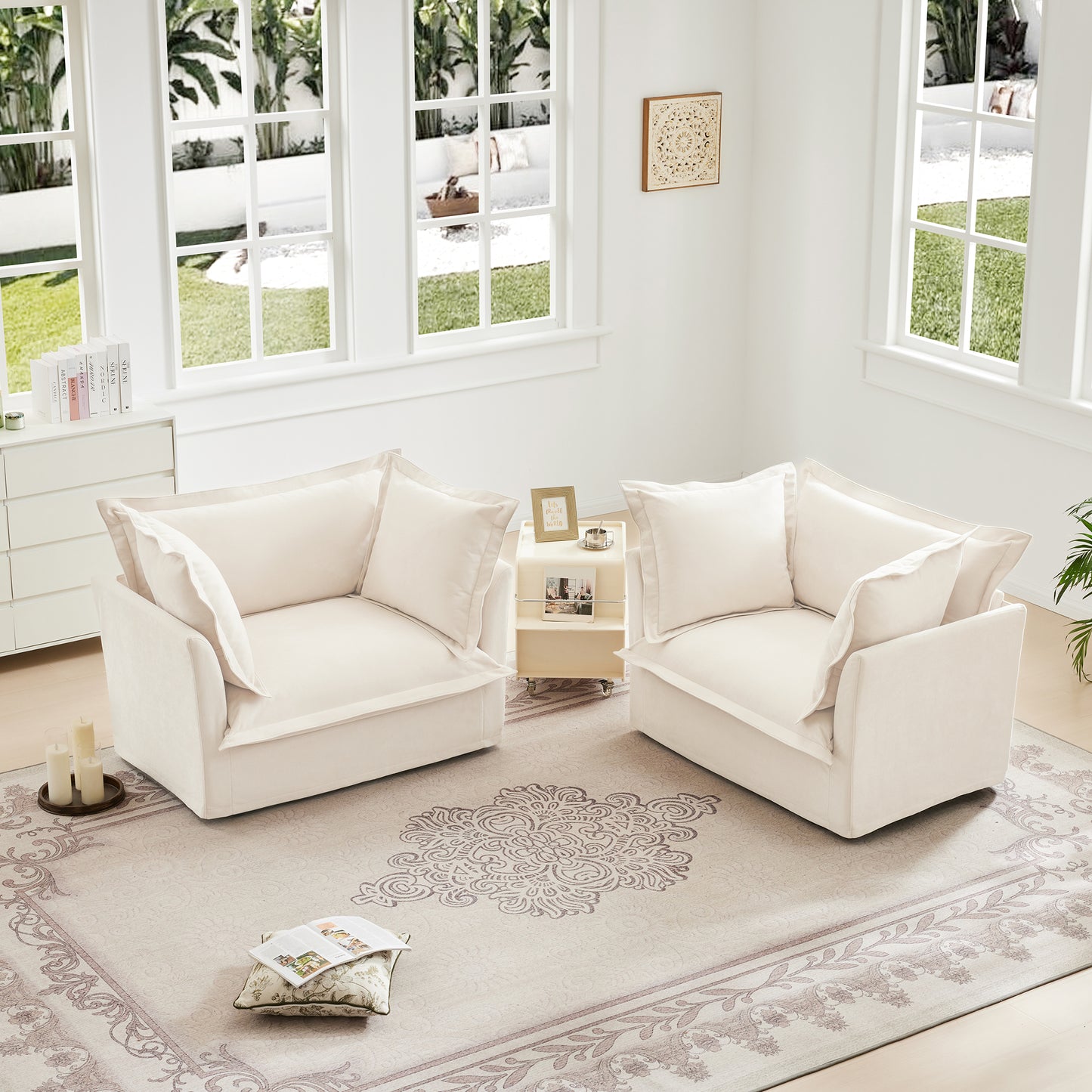 Set of 2 Slipcovered Armchairs,Deep Seat Accent Chair Set for Living Room, Reading Room, Bedroom and Working Spaces,Armchair Sets with Large Soft Pillows,Chenille Fabric,Cream