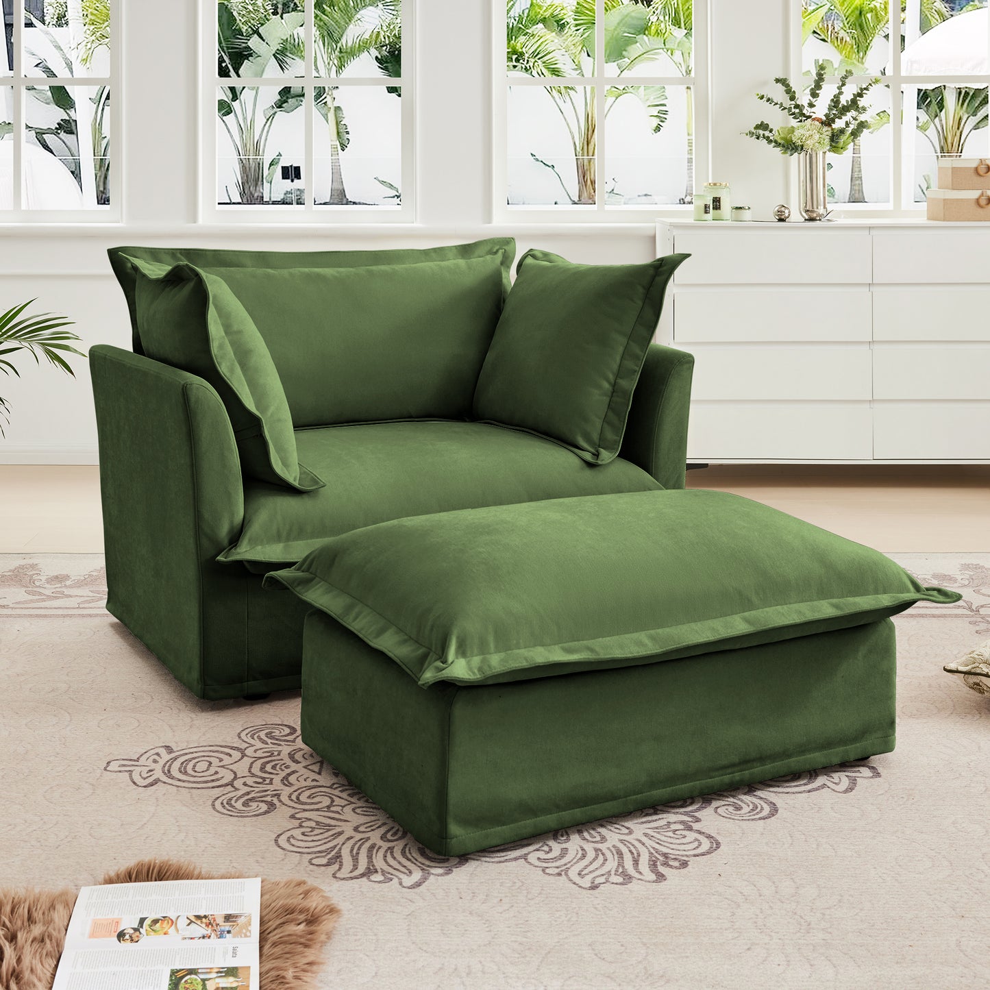 Upholstered Slipcovered Armchair with Ottoman, Deep Seat Armchair W/ Wide Ottoman for Living Room, Armchair Sets with Large Soft Pillows(Set of 2),Chenille Fabric,Green