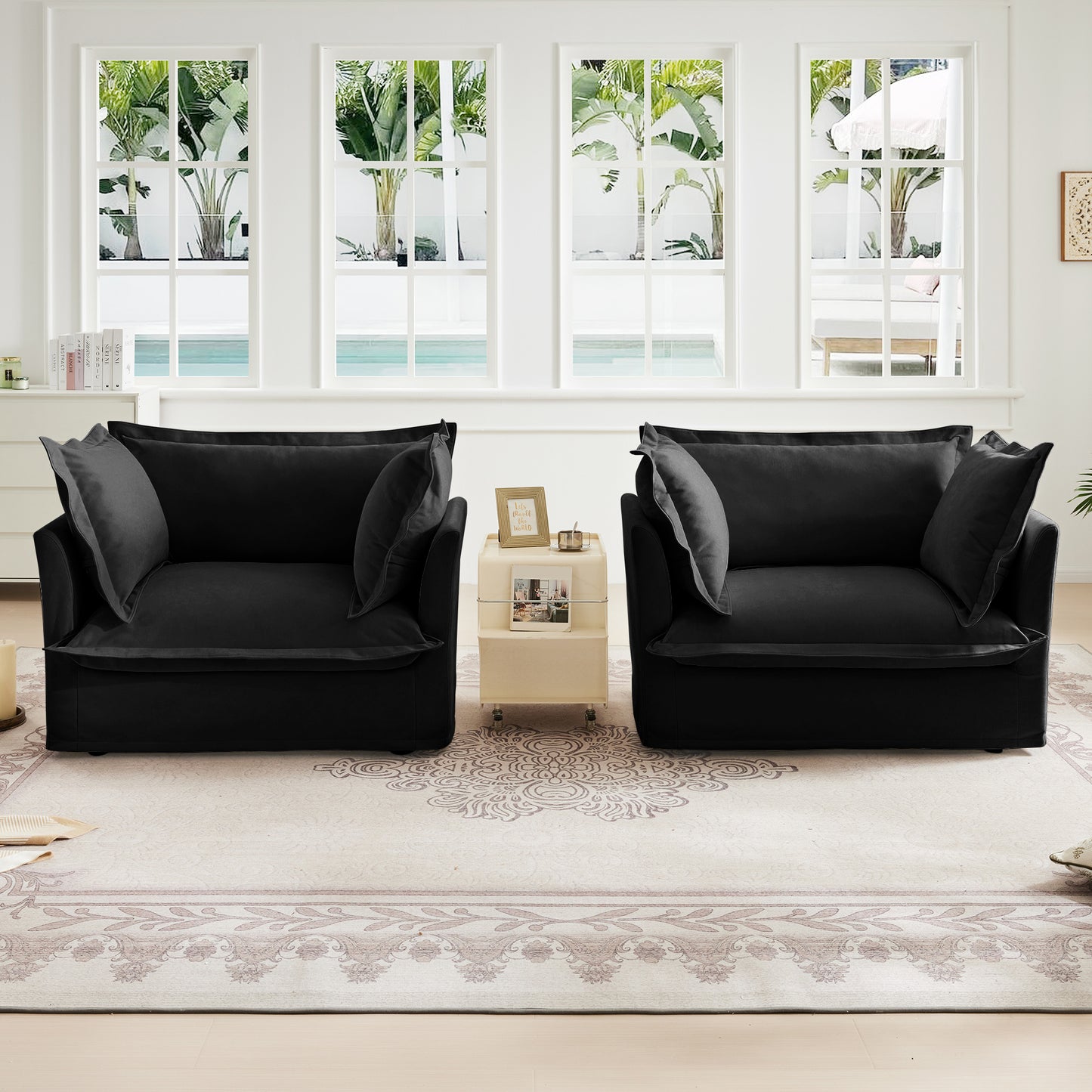 Set of 2 Slipcovered Armchairs,Deep Seat Accent Chair Set for Living Room, Reading Room, Bedroom and Working Spaces,Armchair Sets with Large Soft Pillows,Chenille Fabric,Black