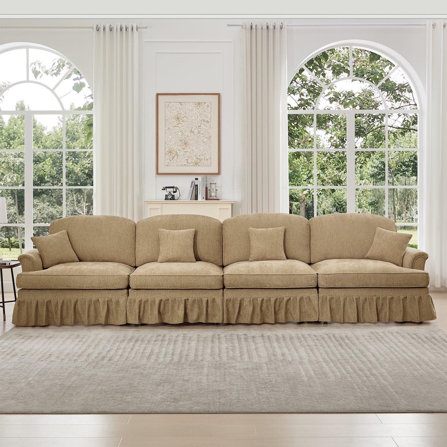 Elegant Mid Century Large 4 Seater Sofa Couch with Flared Arms and Removable Ruffles Pleats Skirts and Spindle Legs, Comfy Chenille Four-Seat Sofa for Living Room, Light Coffee