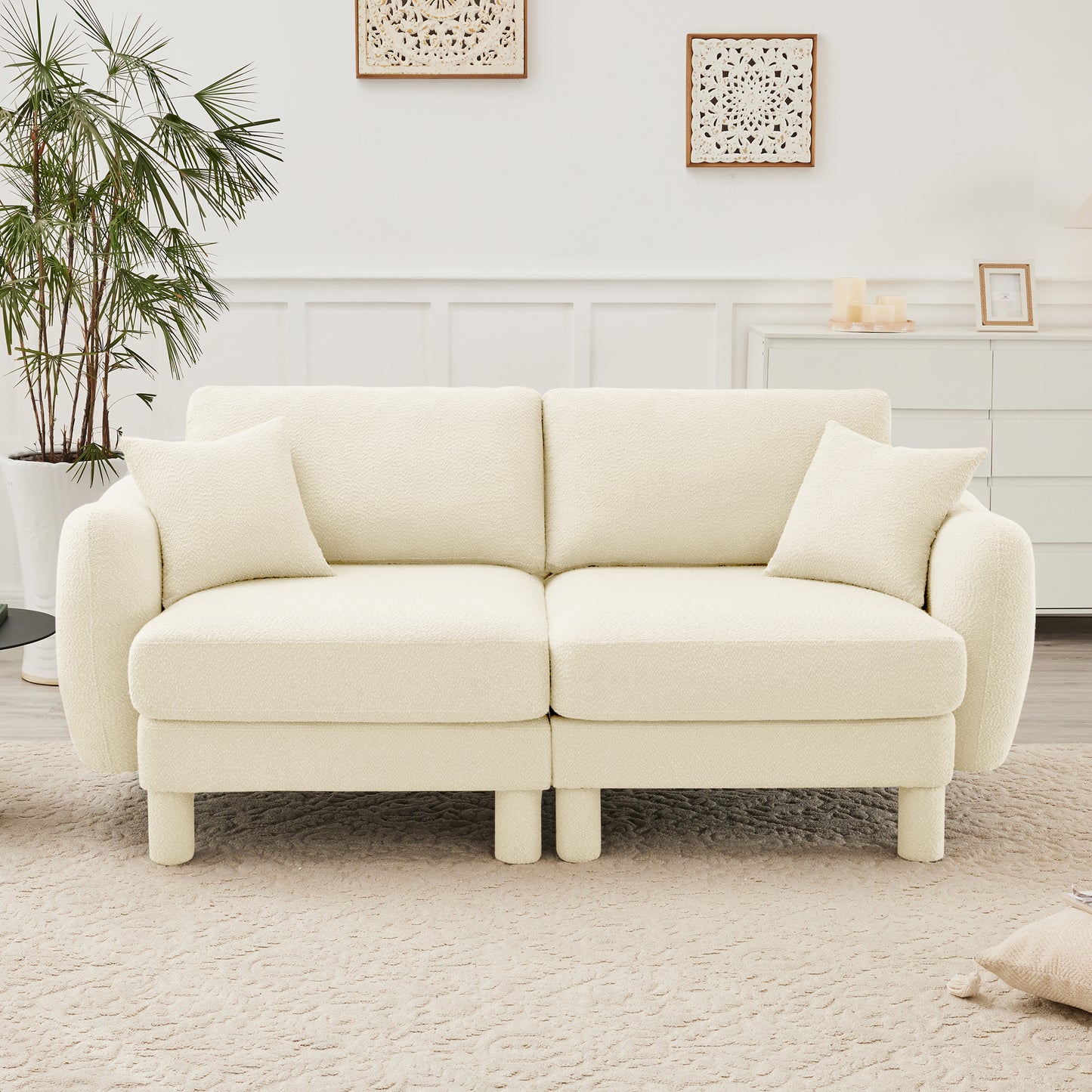 Boucle Fabric 2-seater Loveseat Sofa Couch With Distinctive Shell-shaped Armrests,Cylindrical Legs Wrapped with Self-fabric,Beige Color
