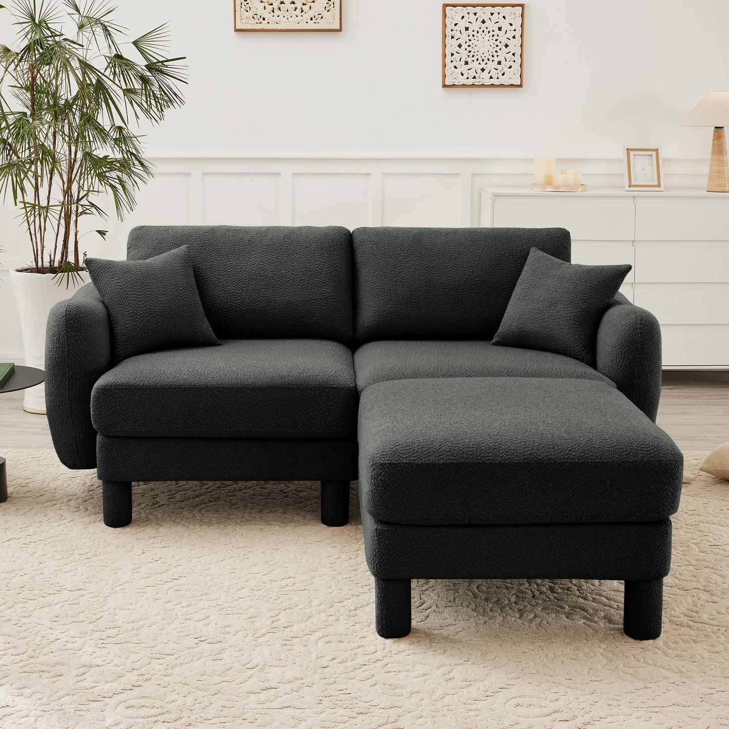 Boucle Fabric Sectional 2-seater Loveseat Sofa Couch With Distinctive Shell-shaped Armrests And Removable Ottoman,Cylindrical Legs Wrapped with Self-fabric,Dark Grey Color