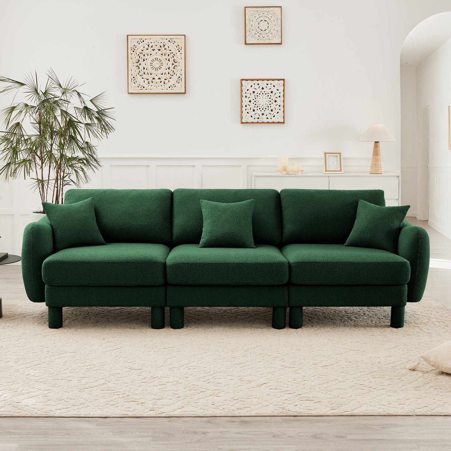Boucle Fabric 3-seater Sofa Couch With Distinctive Shell-shaped Armrests,Cylindrical Legs Wrapped with Self-fabric,Green Color