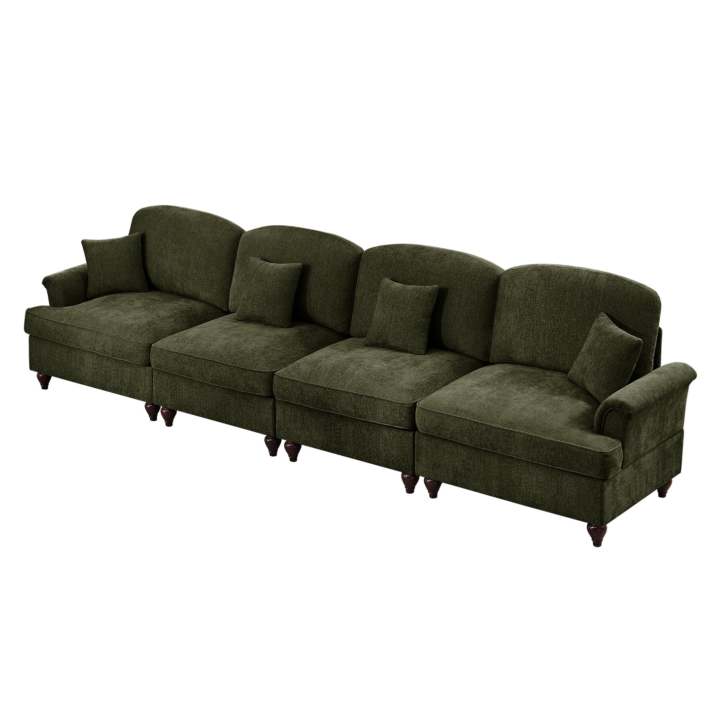 Elegant Mid Century Large 4 Seater Sofa Couch with Flared Arms and Removable Ruffles Pleats Skirts and Spindle Legs, Comfy Chenille Four-Seat Sofa for Living Room, Green