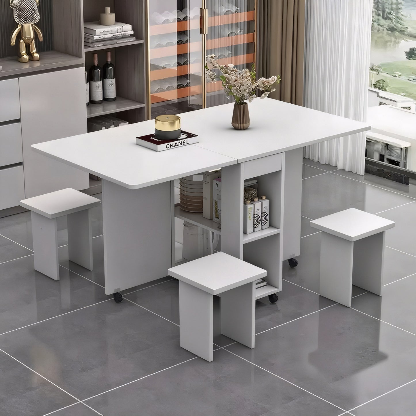 Folding Drop Leaf Dining Table Set for 4 with 4 Chairs, Space Saving Foldable Dining Table with Storage and 6 Wheels, 47.2 inch D x 23.6 inch W x 30.3 inch H, White