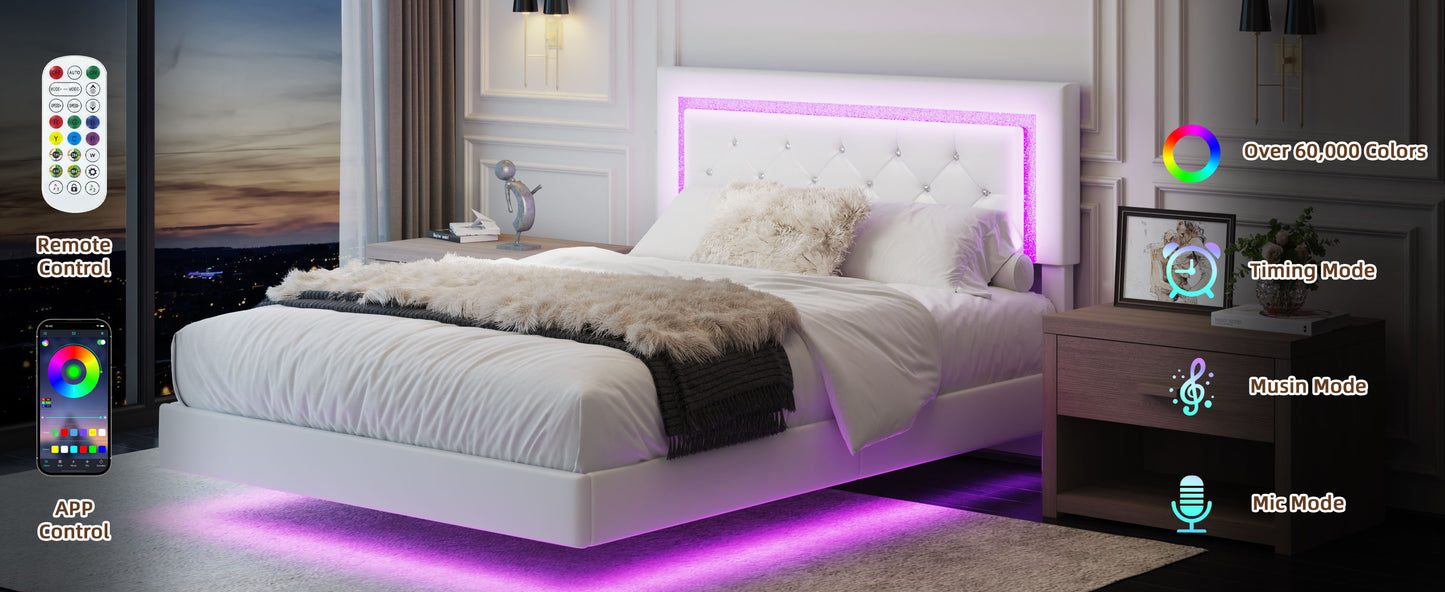 Full Size Bed Frame Beige Upholstered Headboard with LED Lights
