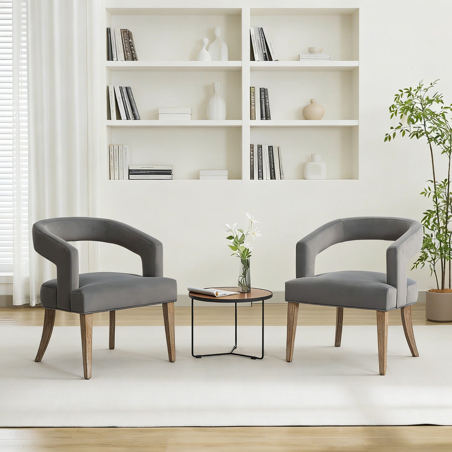 25.79" Wide Modern Barrel Open Back Upholstered Velvet Accent Chair Set Of 2 with Weathered Solid Wood Legs Club Dining Chairs for Dining Room, Club, Kitchen and Living Room. Gray