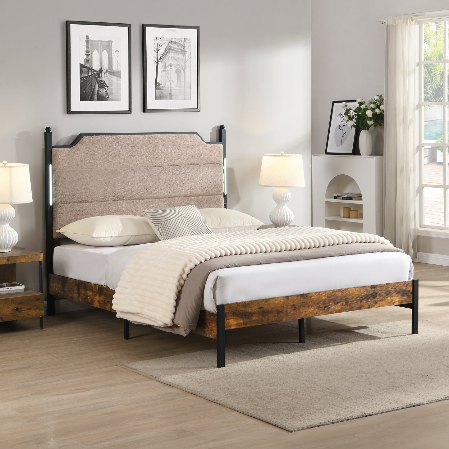 Queen Bed Frame , Upholstered headboard with Charging and Touch sensitive LED Lights, Under Bed Storage, No Box Spring Needed,Noise Free