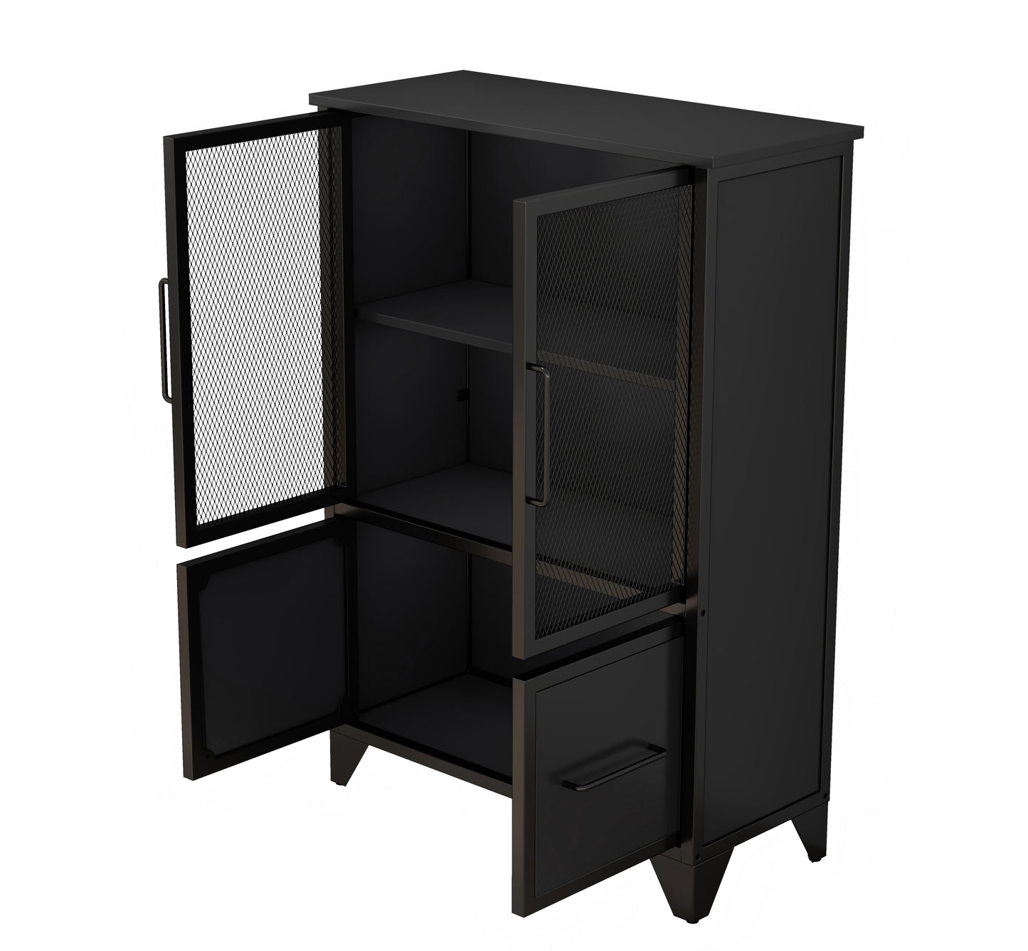 Black Storage Cabinet - 4 Iron Doors, Adjustable Shelves