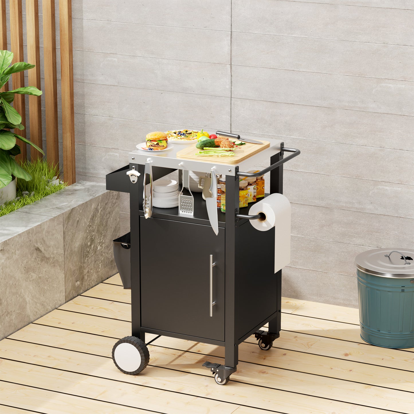 Outdoor Grill Cart with Patio Furniture, Outdoor Grill Table with Storage,Rolling Bar Cart Outdoor BBQ Cart with Hooks and Spice Rack for Grilling Accessories, Black