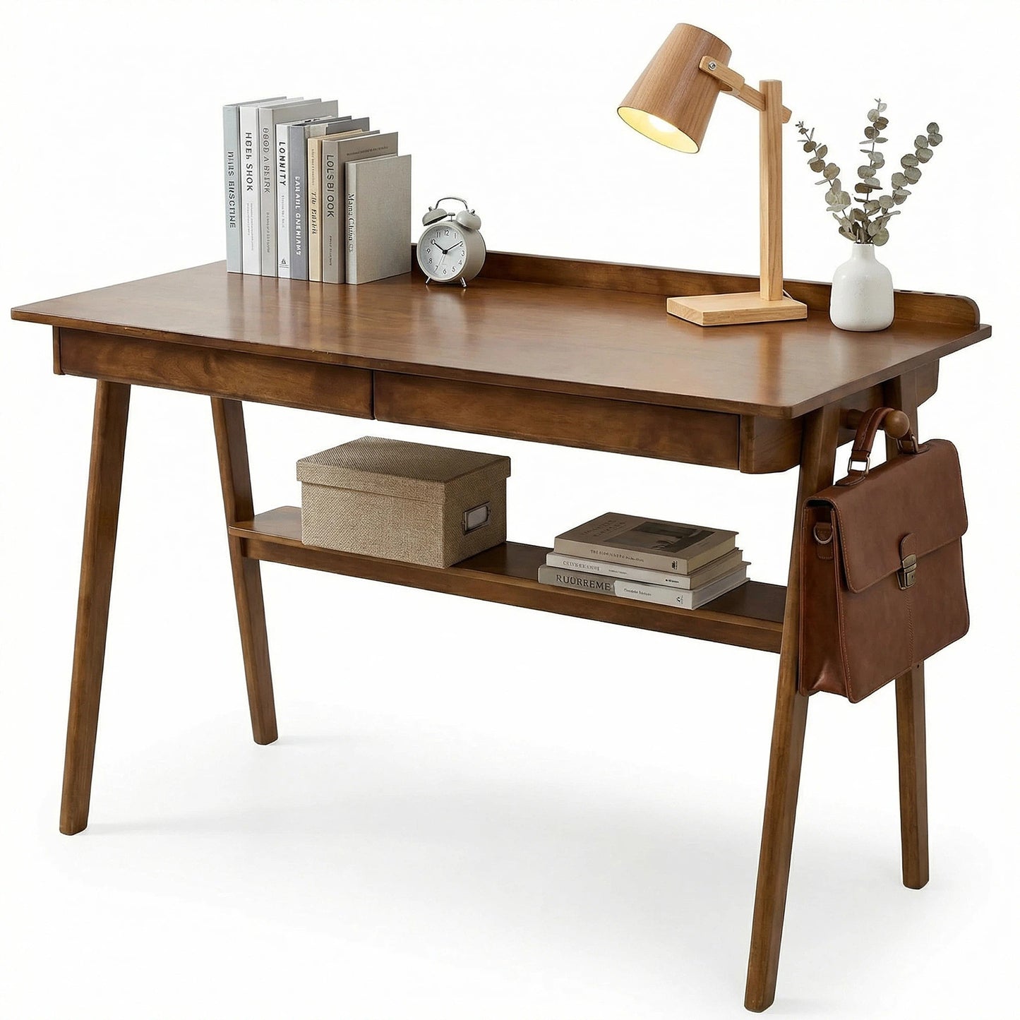 Solid Wood Writing Desk, Home Office Desk for Small Spaces, Mid Century Modern Desks with 2 Drawers & Storage Shelf, Standing Desk with Side Hooks for Study, Bedroom, Office (Walnut)