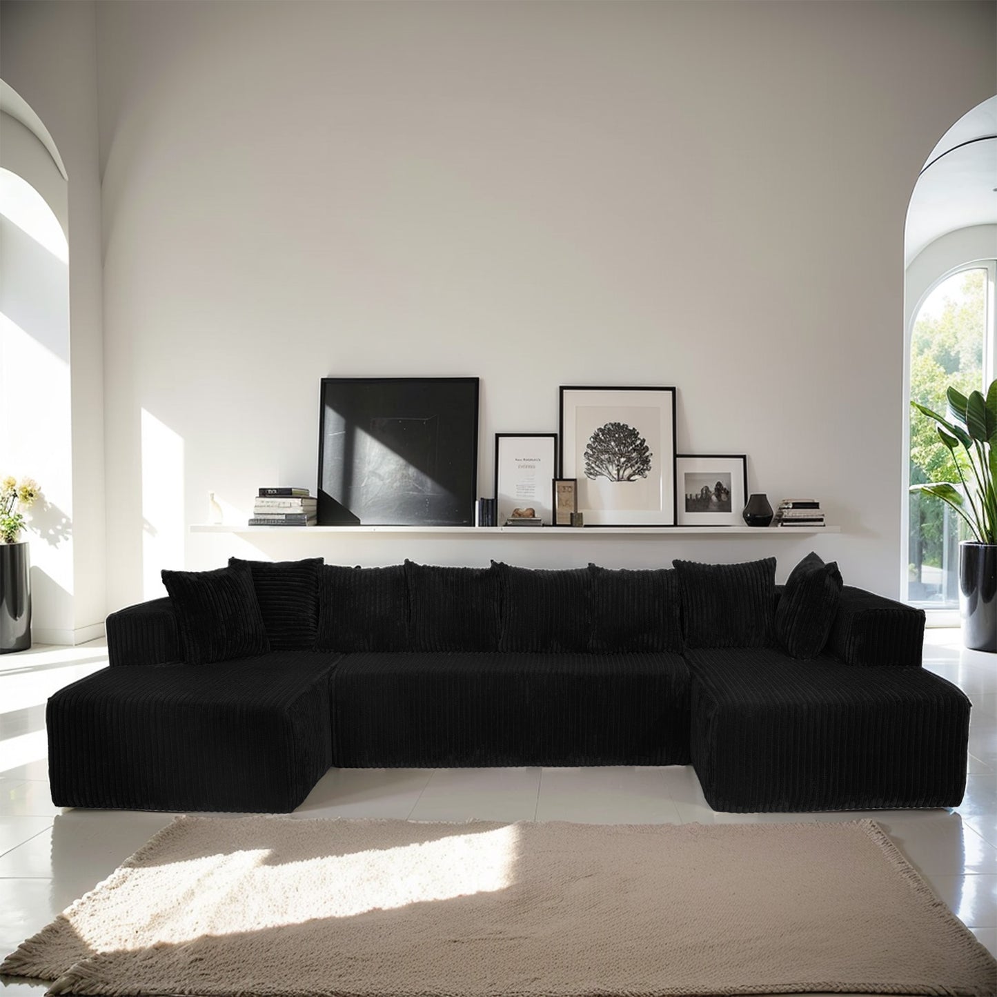 130" Boneless Couch, Cloud Couch Sectional, Corduroy Sofa for Living Room, U Shaped Modular Sofa with Chaise, No Assembly, 4 Seats Oversized,Black.(Old Sku:W3276S00015)